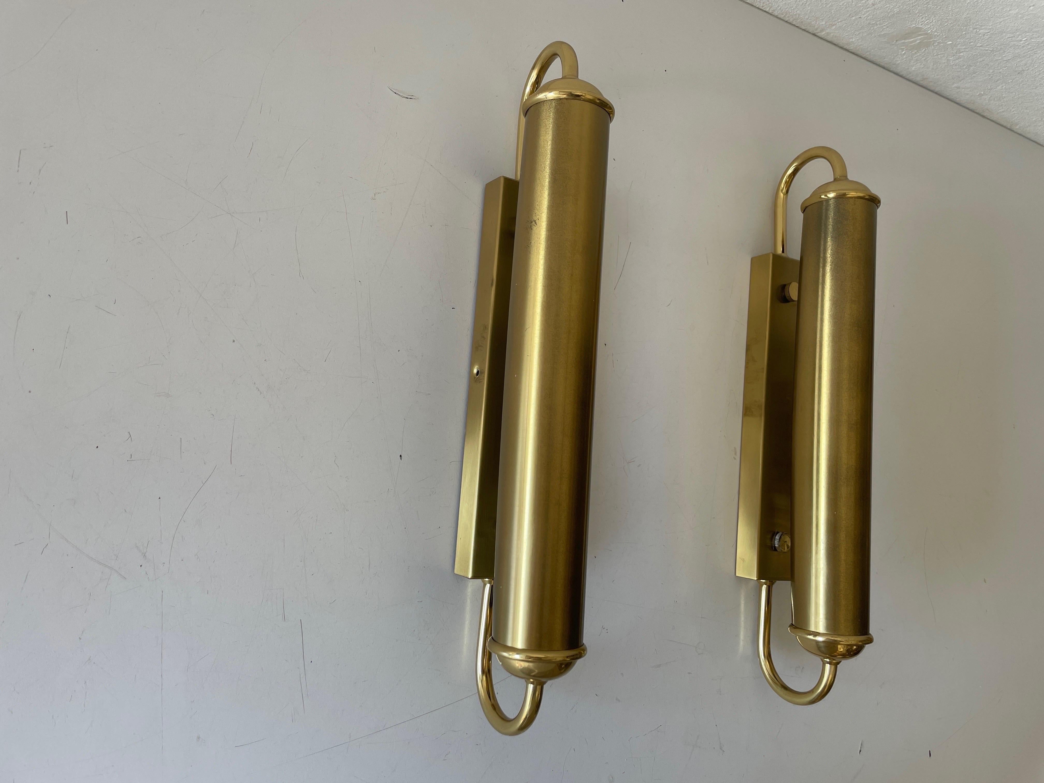 Mid-20th Century Cylindrical Design Art Deco Style Brass Pair of Sconces, 1960s, Germany