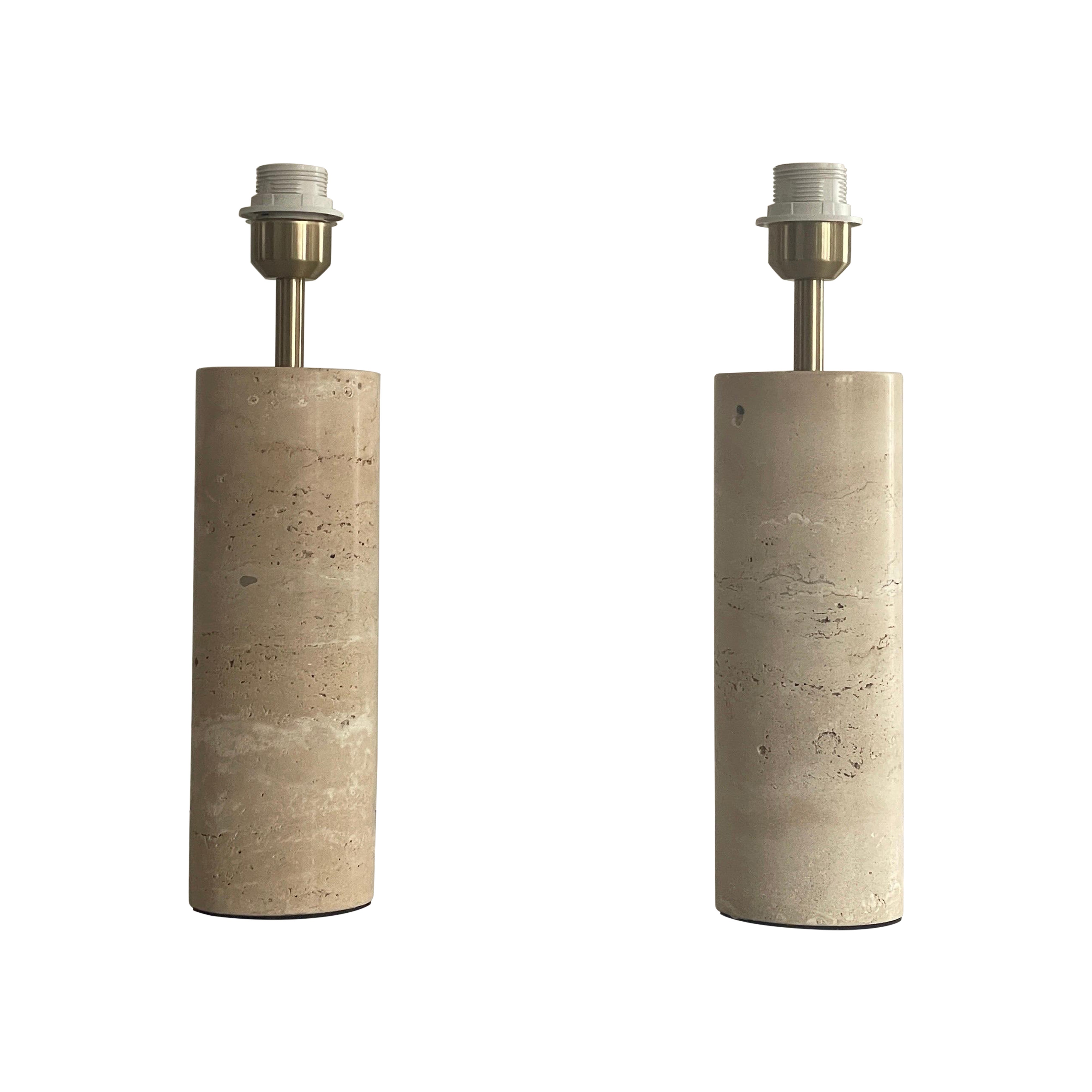 Cylindrical Design Travertine Pair of Table Lamps, 1980s, Italy