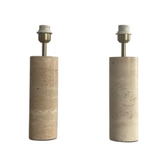 Cylindrical Design Travertine Pair of Table Lamps, 1980s, Italy