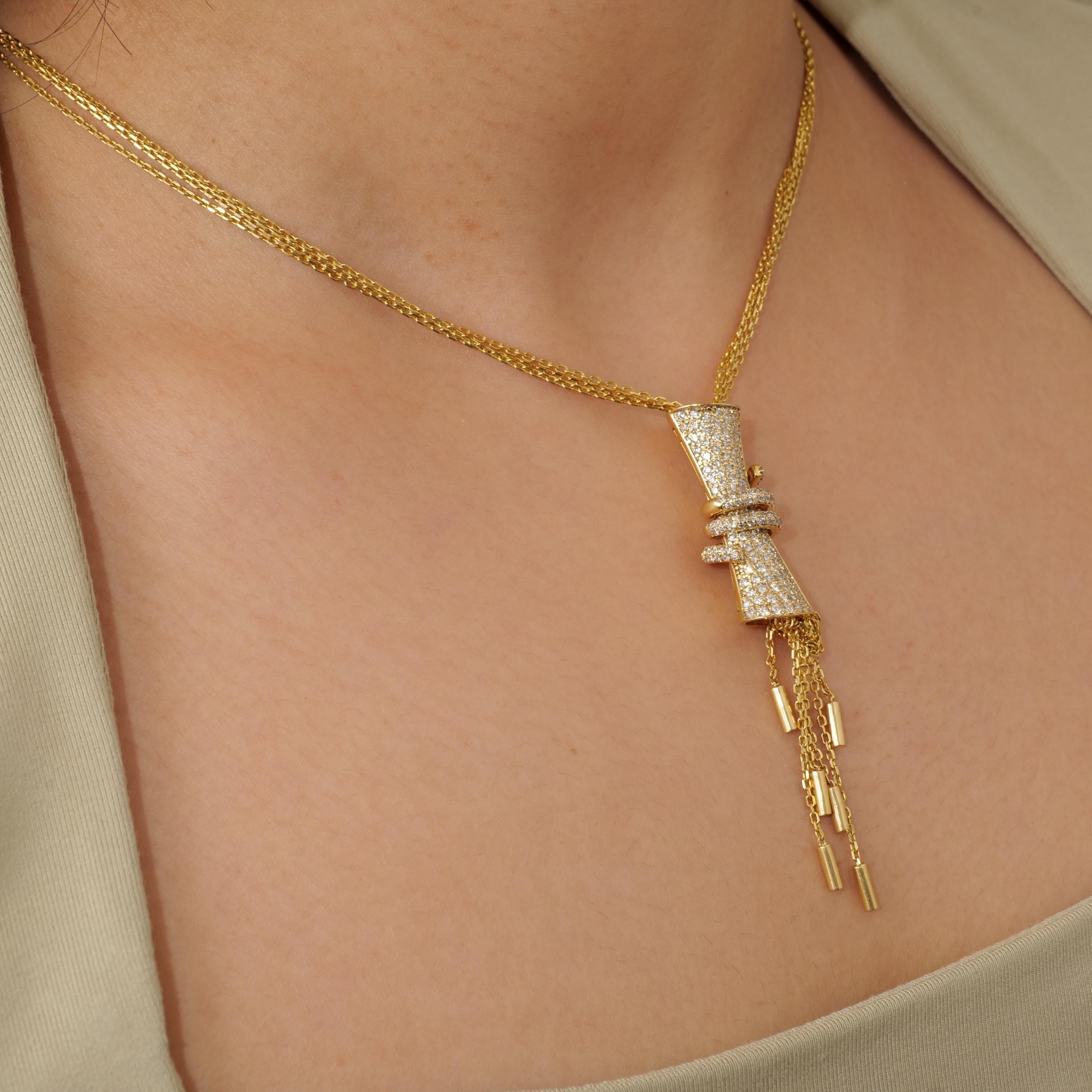 Taille ronde Collier en or massif 14k à breloques cylindriques en diamant (certifié) en vente