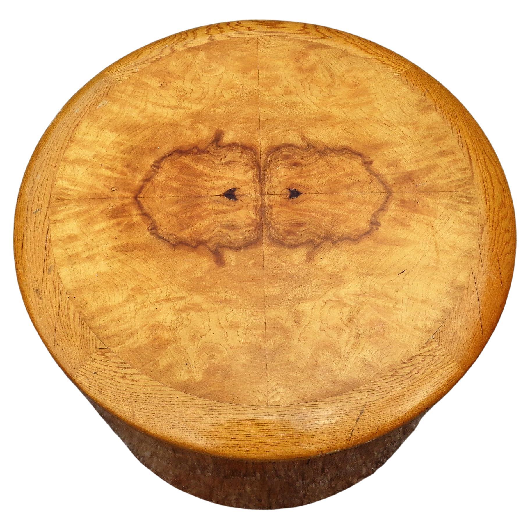 Veneer  Cylindrical Olive Wood Burl Top Table, Circa 1970's For Sale