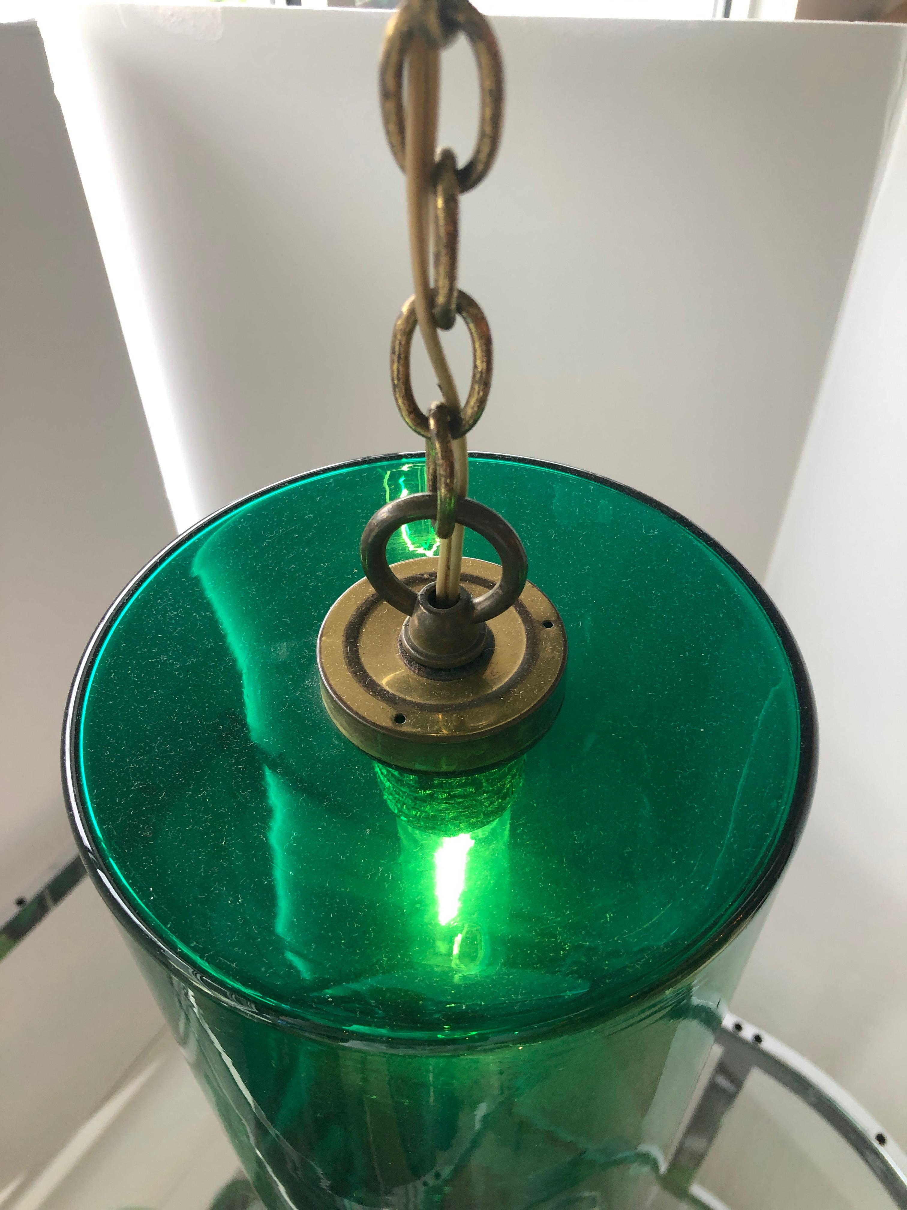 Cylindrical Emerald Green Murano Glass with Brass Accents Pendant / Chandelier For Sale 8