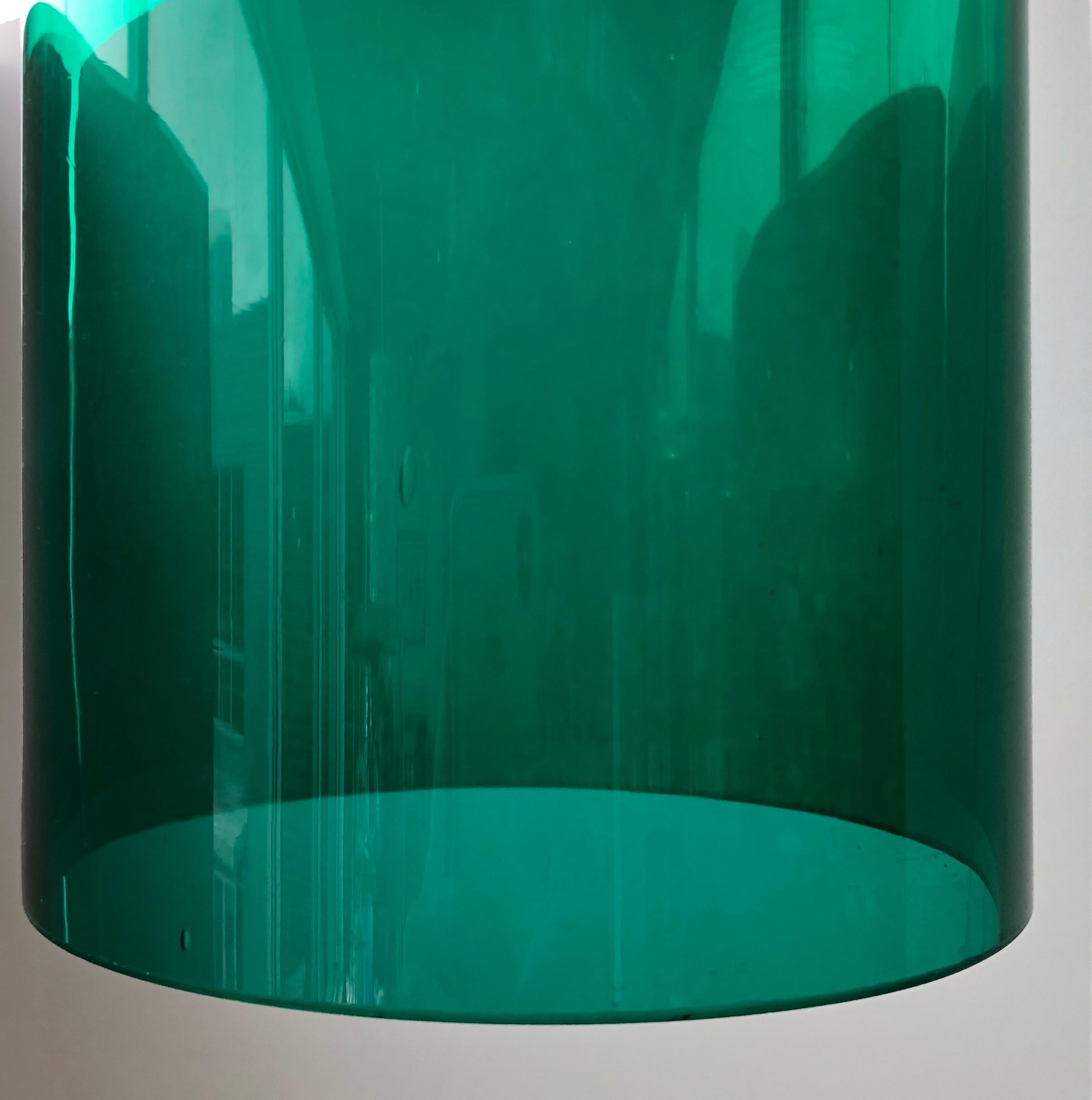 Cylindrical Emerald Green Murano Glass with Brass Accents Pendant / Chandelier For Sale 5