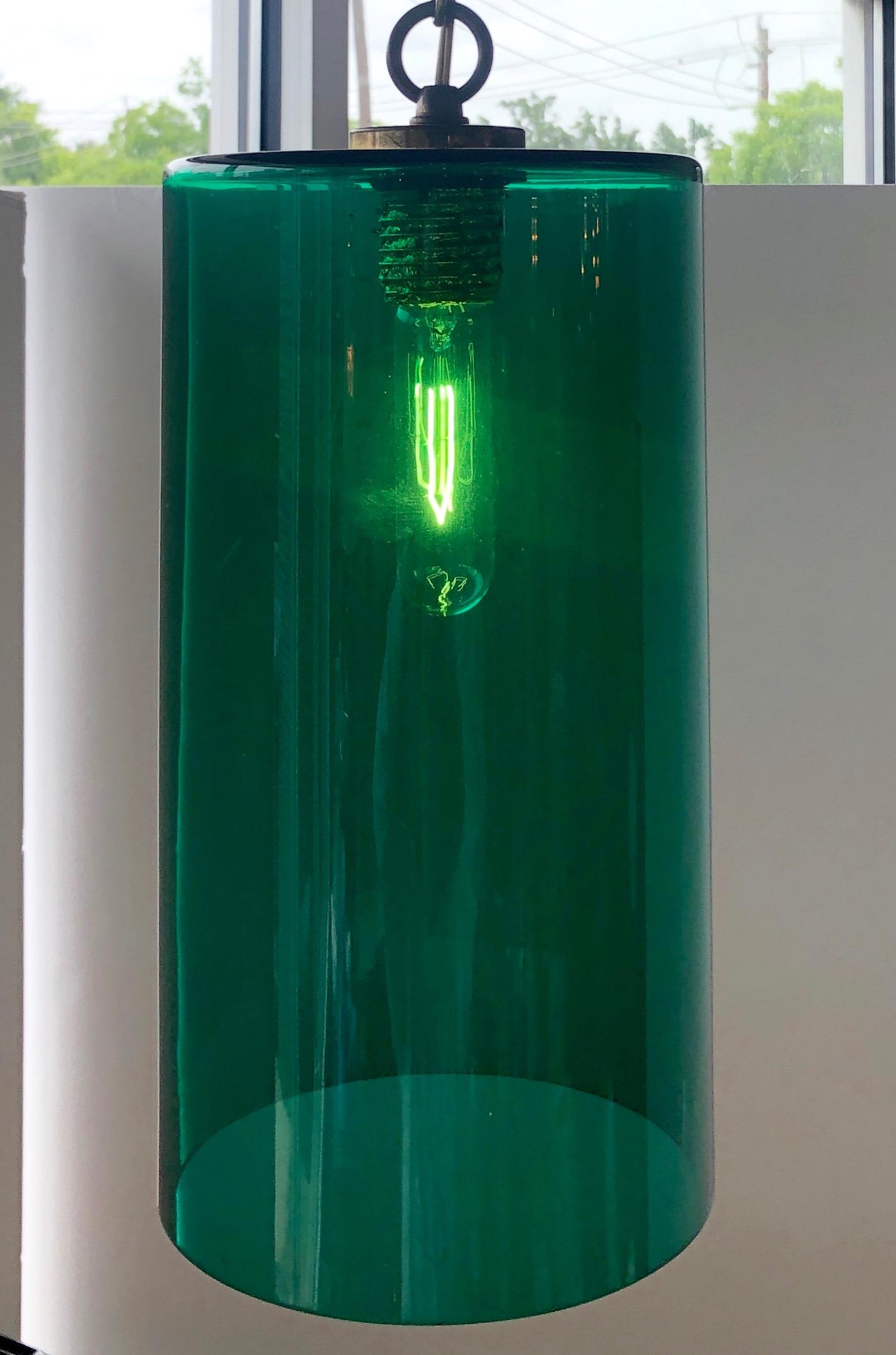 Cylindrical Emerald Green Murano Glass with Brass Accents Pendant / Chandelier For Sale 9