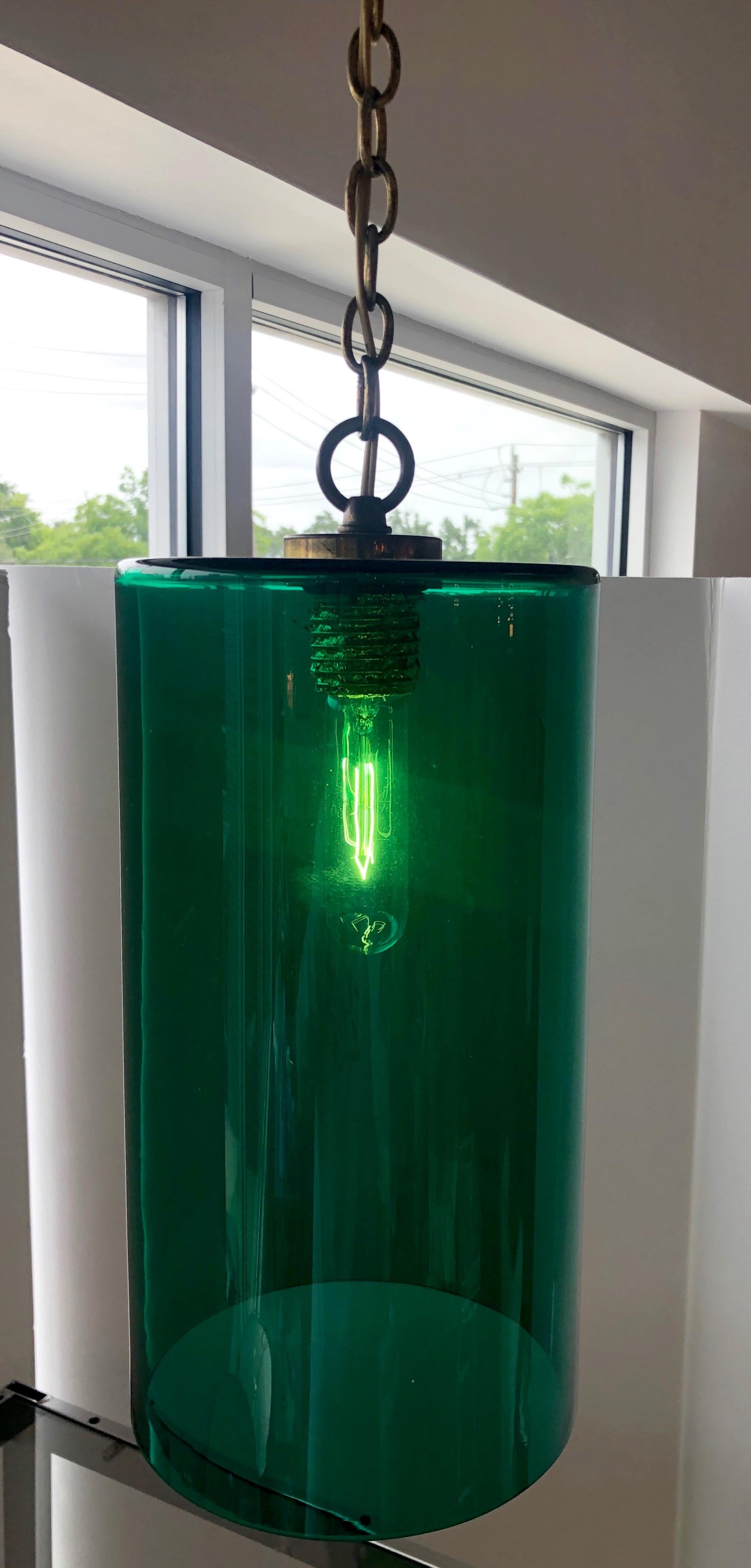 Cylindrical Emerald Green Murano Glass with Brass Accents Pendant / Chandelier For Sale 10