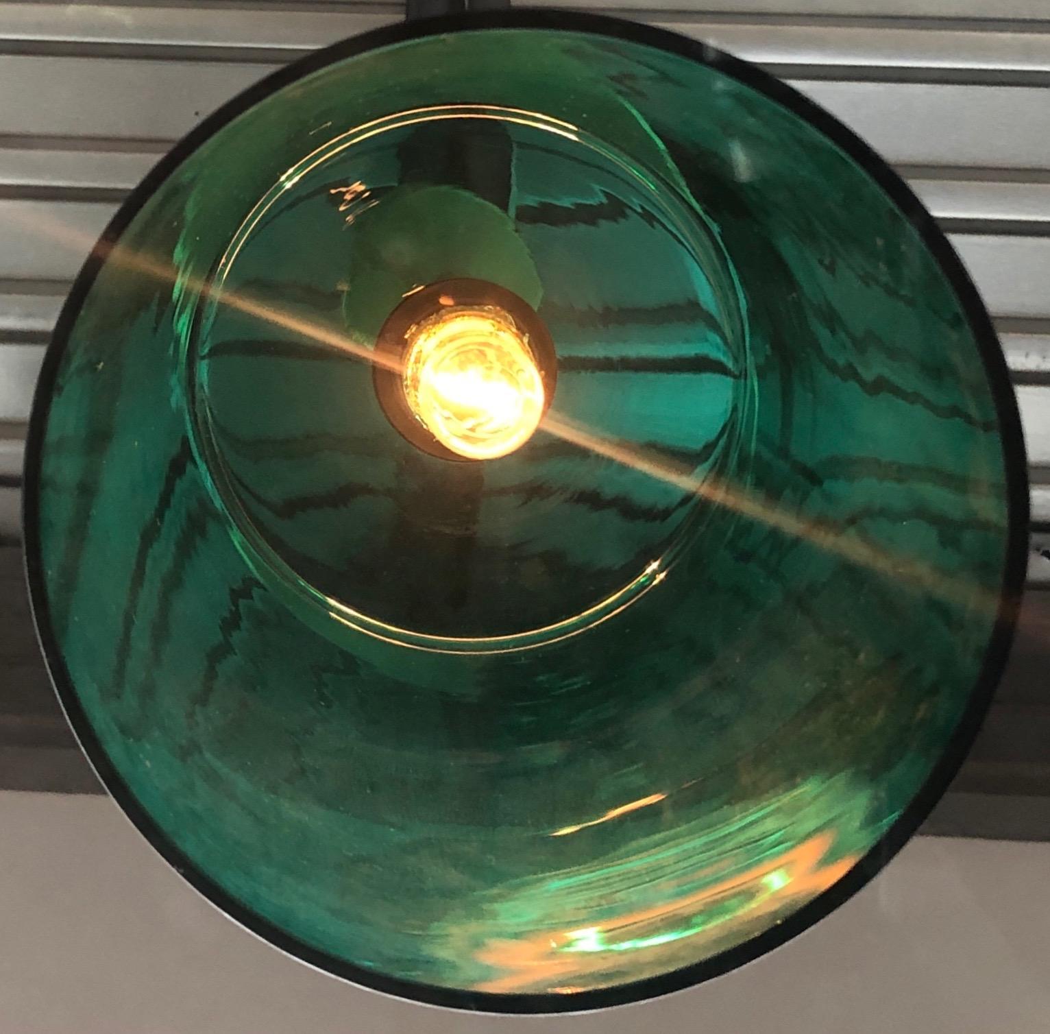 Cylindrical Emerald Green Murano Glass with Brass Accents Pendant / Chandelier For Sale 11