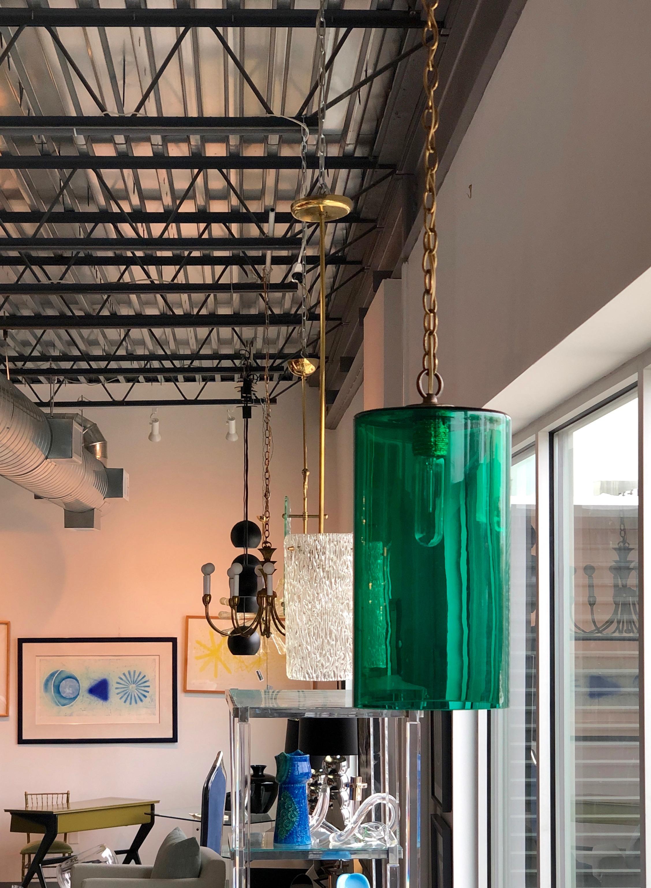 Cylindrical Emerald Green Murano Glass with Brass Accents Pendant / Chandelier For Sale 13