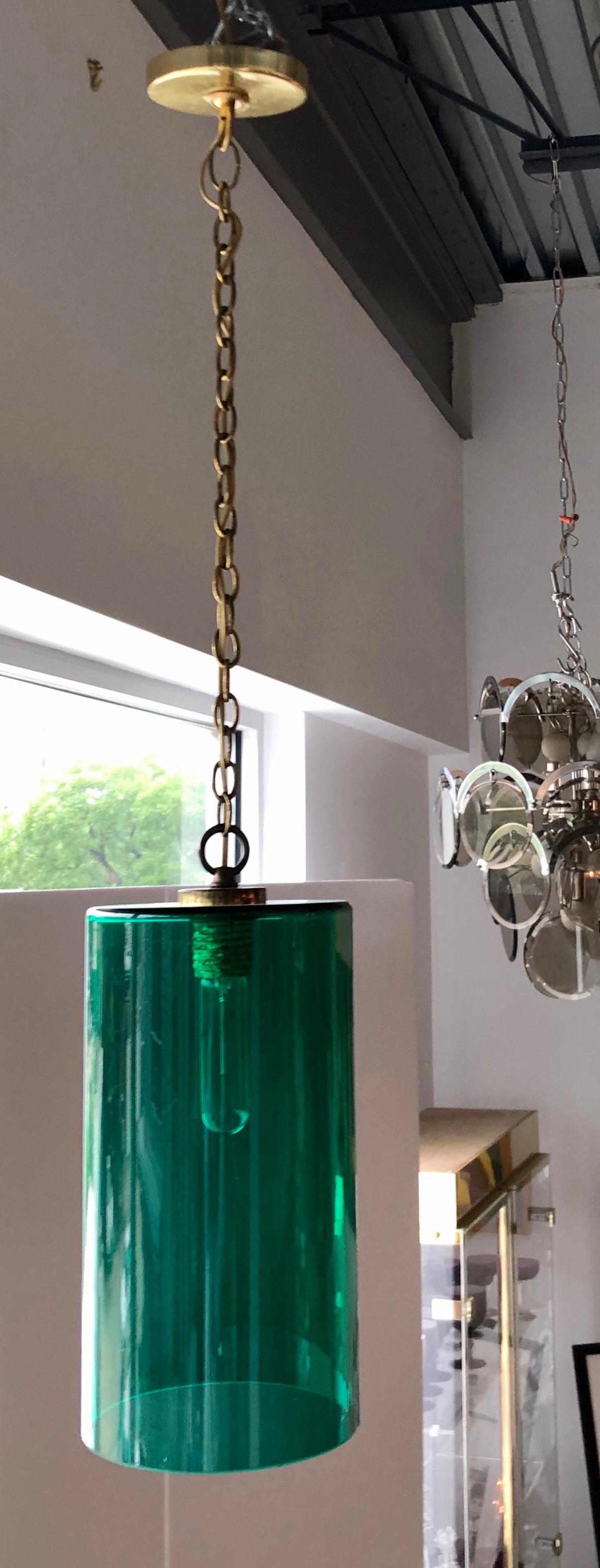 Italian Cylindrical Emerald Green Murano Glass with Brass Accents Pendant / Chandelier For Sale