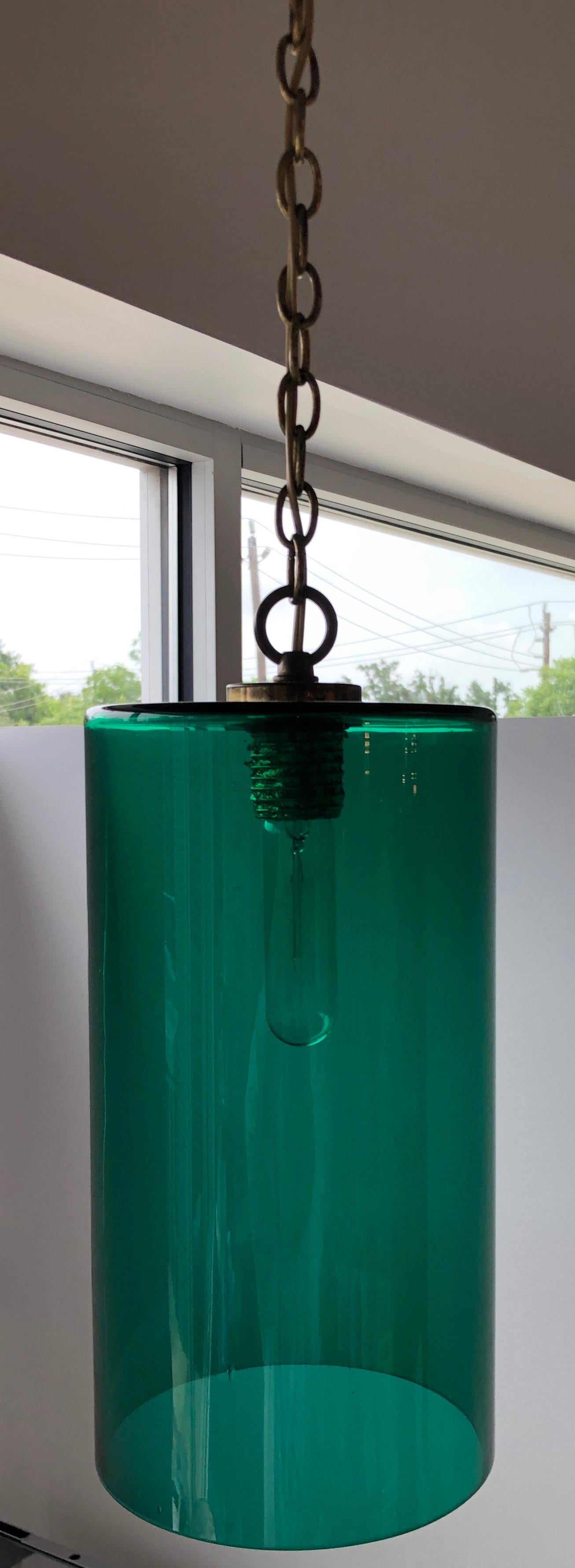 Cylindrical Emerald Green Murano Glass with Brass Accents Pendant / Chandelier For Sale 3
