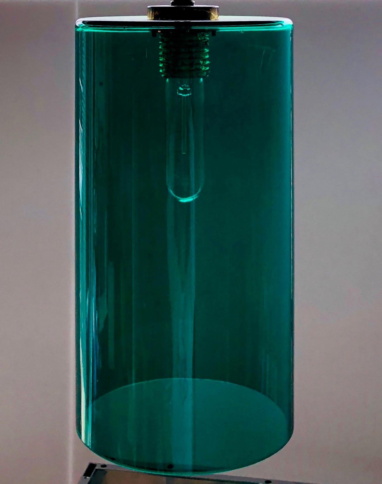 Cylindrical Emerald Green Murano Glass with Brass Accents Pendant / Chandelier For Sale 4