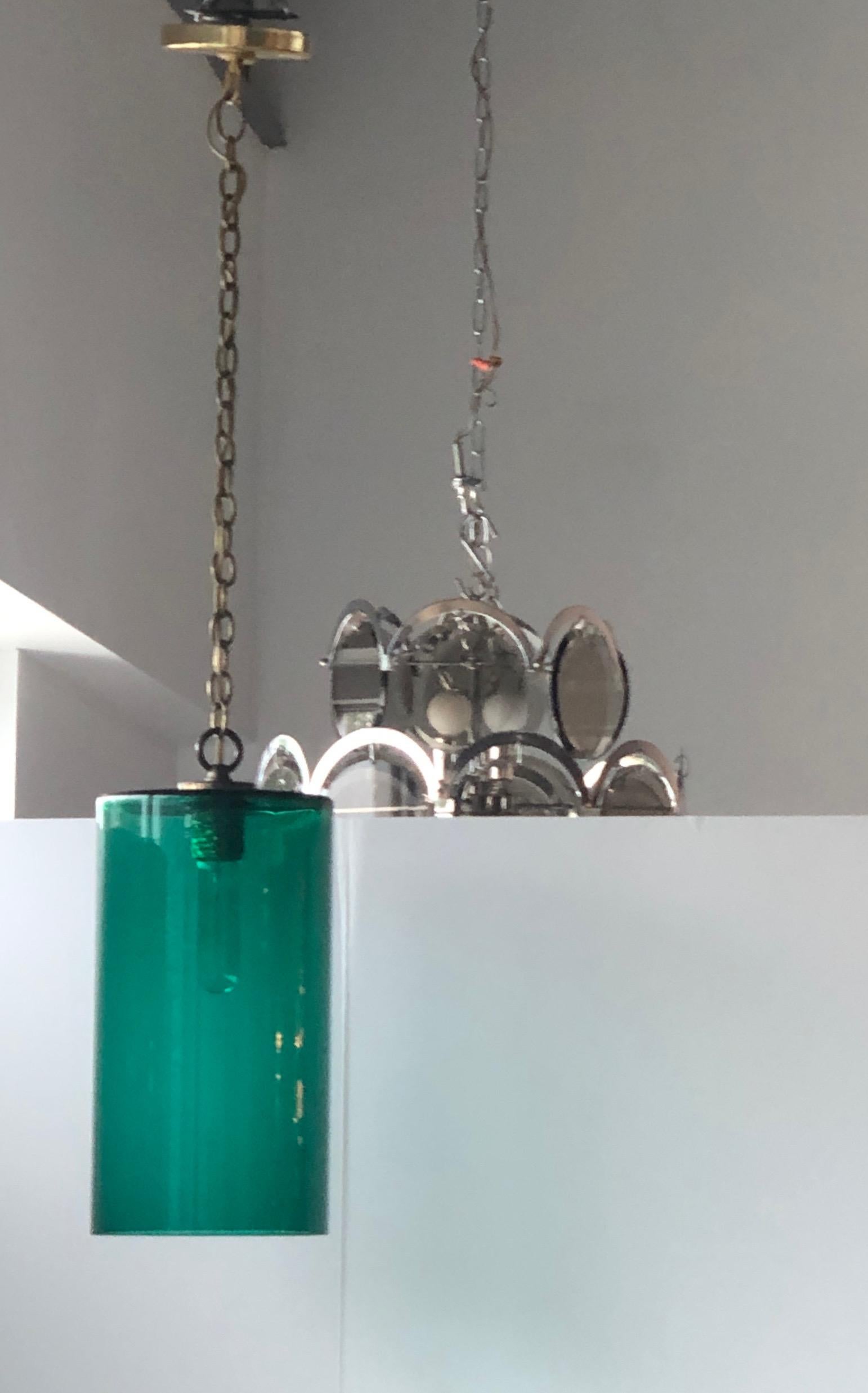 Cylindrical Emerald Green Murano Glass with Brass Accents Pendant / Chandelier In Good Condition For Sale In Houston, TX