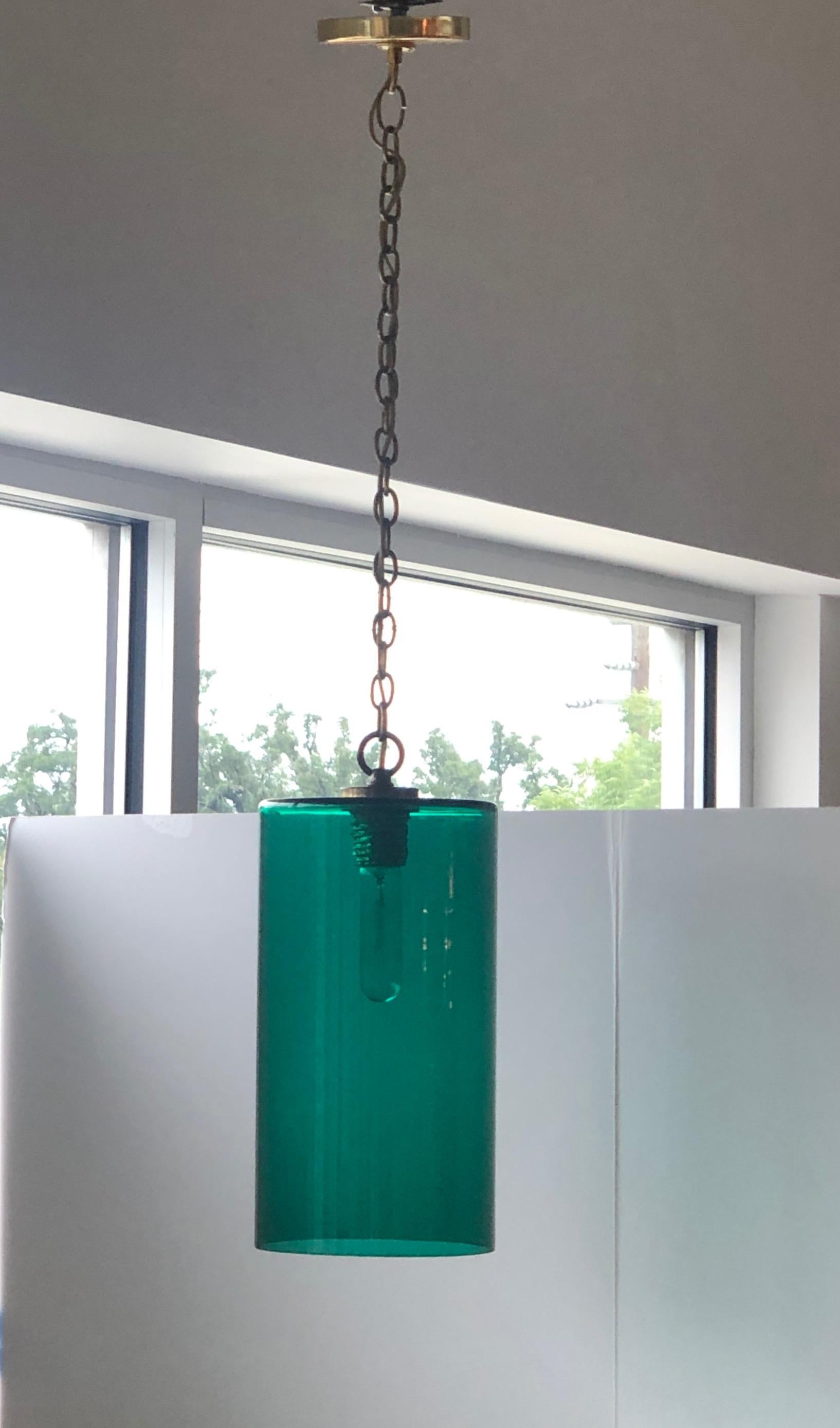 20th Century Cylindrical Emerald Green Murano Glass with Brass Accents Pendant / Chandelier For Sale