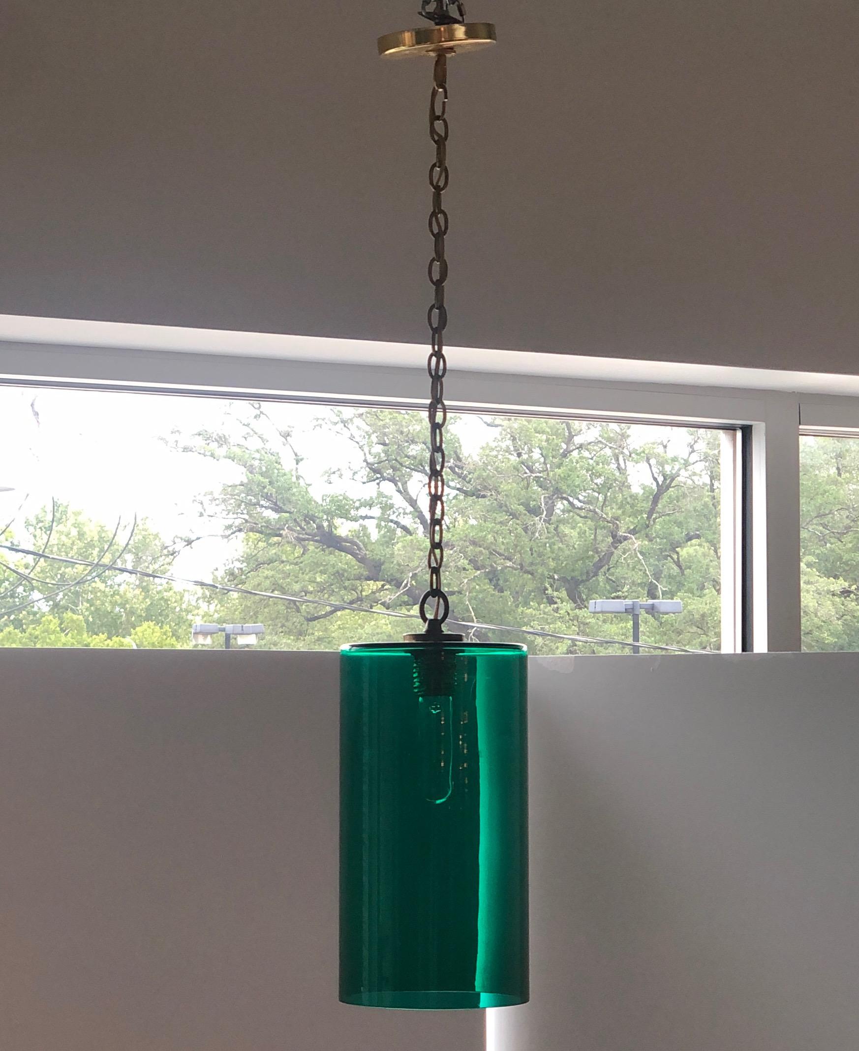 Cylindrical Emerald Green Murano Glass with Brass Accents Pendant / Chandelier For Sale 1