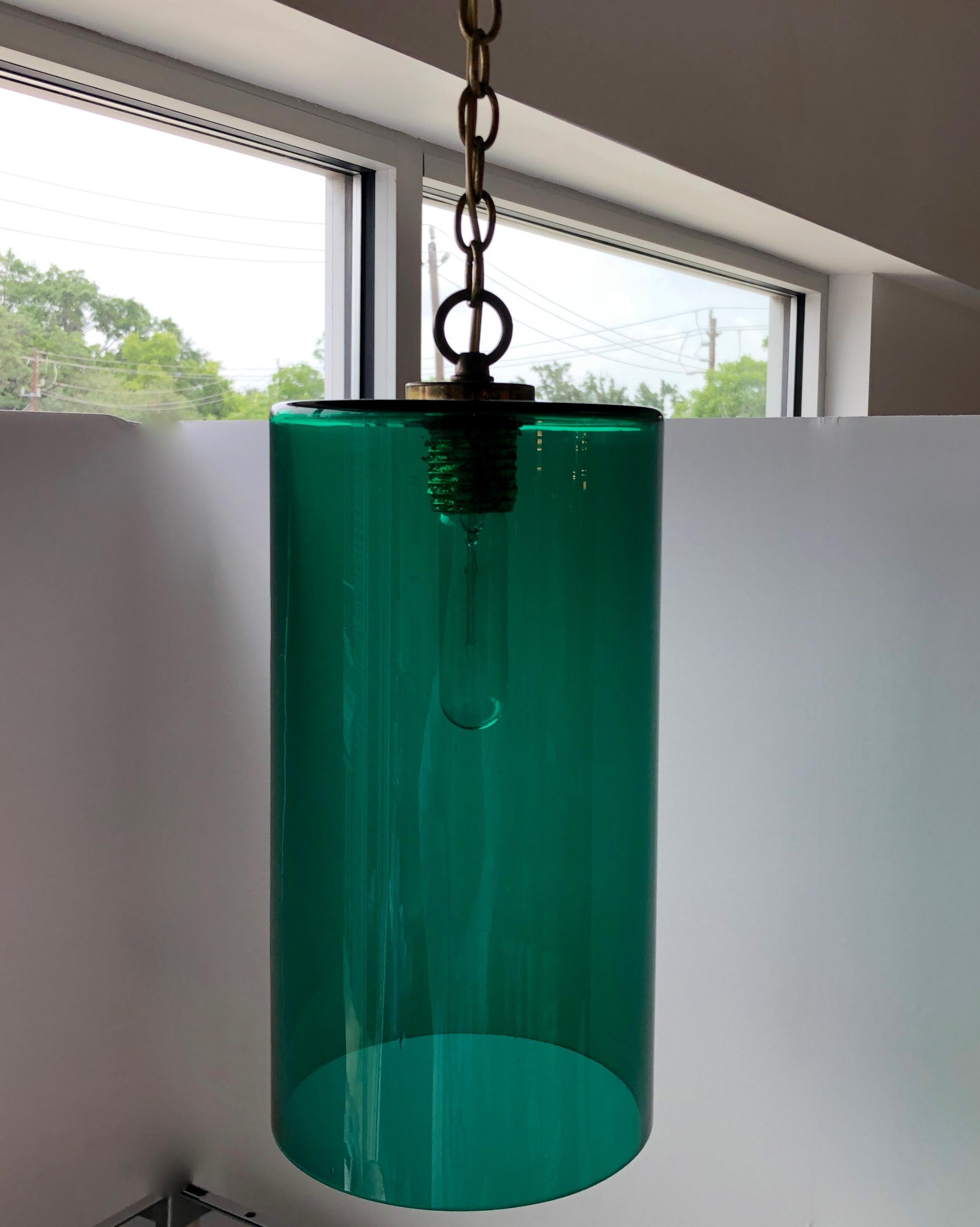 Cylindrical Emerald Green Murano Glass with Brass Accents Pendant / Chandelier For Sale 2