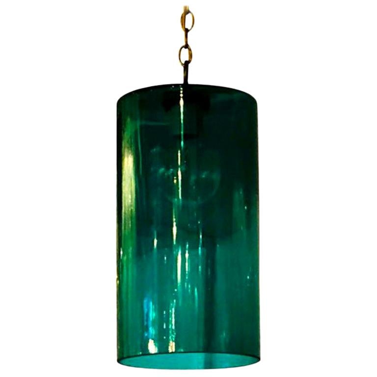 Cylindrical Emerald Green Murano Glass with Brass Accents Pendant / Chandelier For Sale