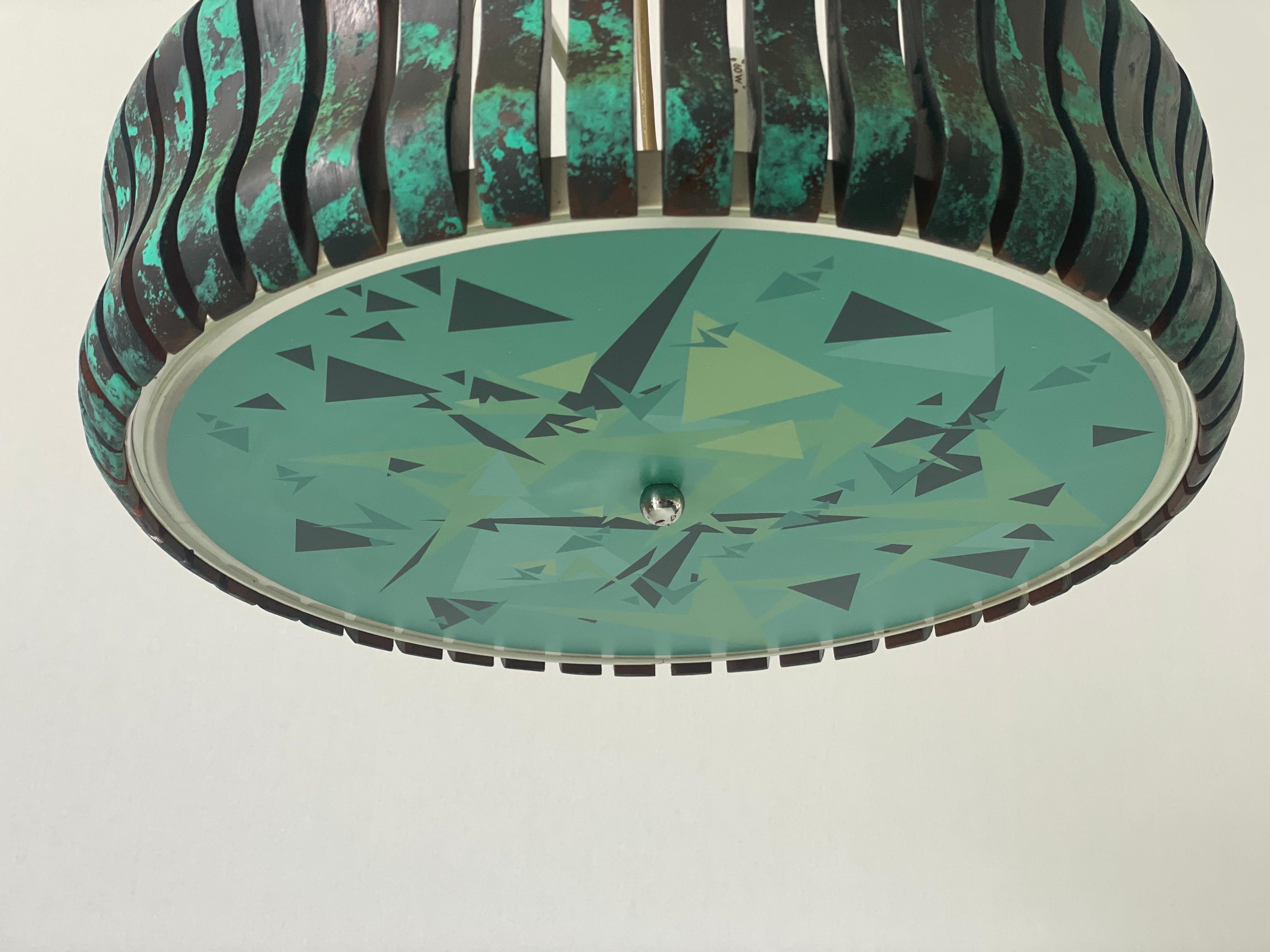 Fine XX secolo Lampada a sospensione cilindrica a 3 prese in metallo verde e nero, anni '70, Germania in vendita