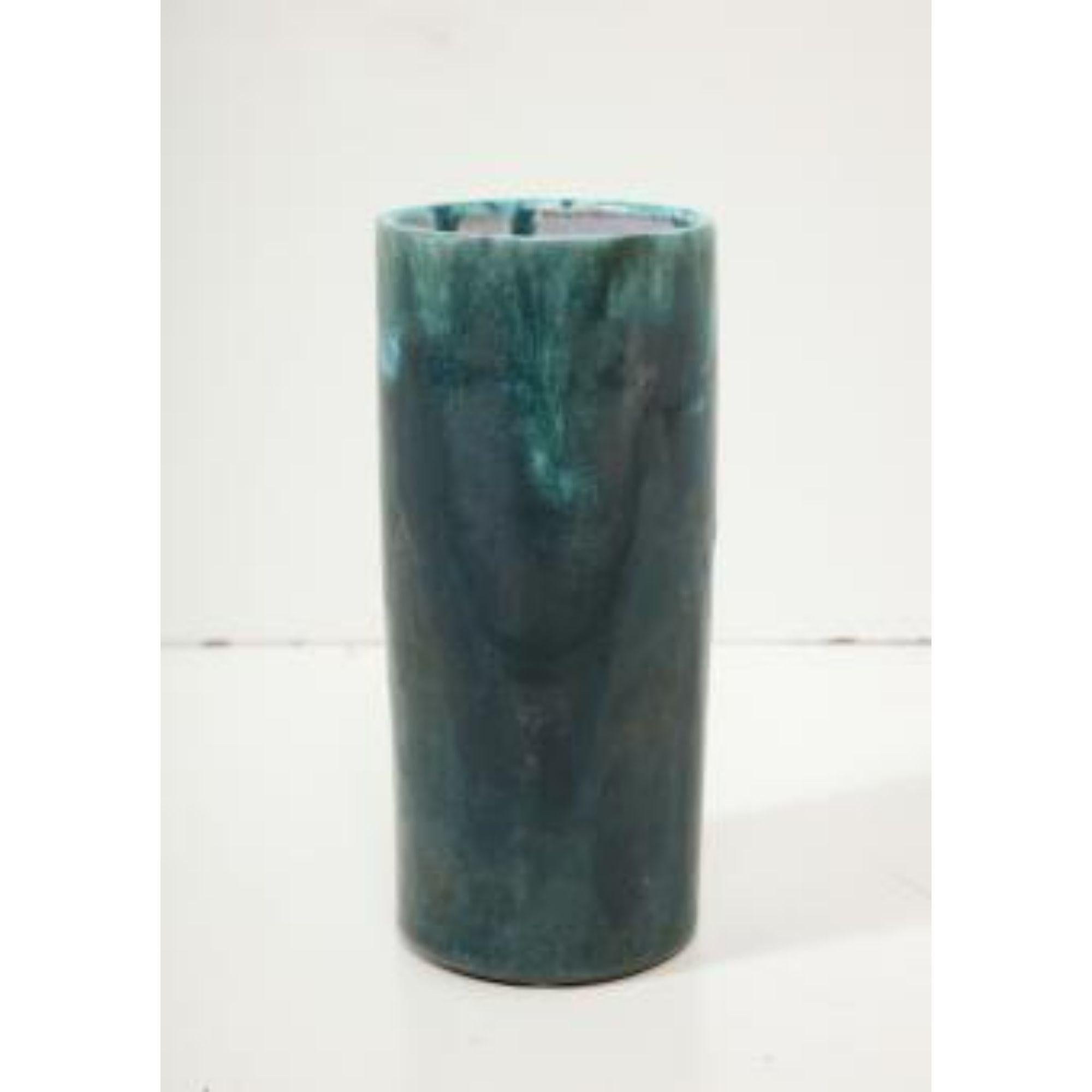 Minimalist Cylindrical Green Glazed Ceramic Studio Vase, Biot, France, c. 1950 For Sale