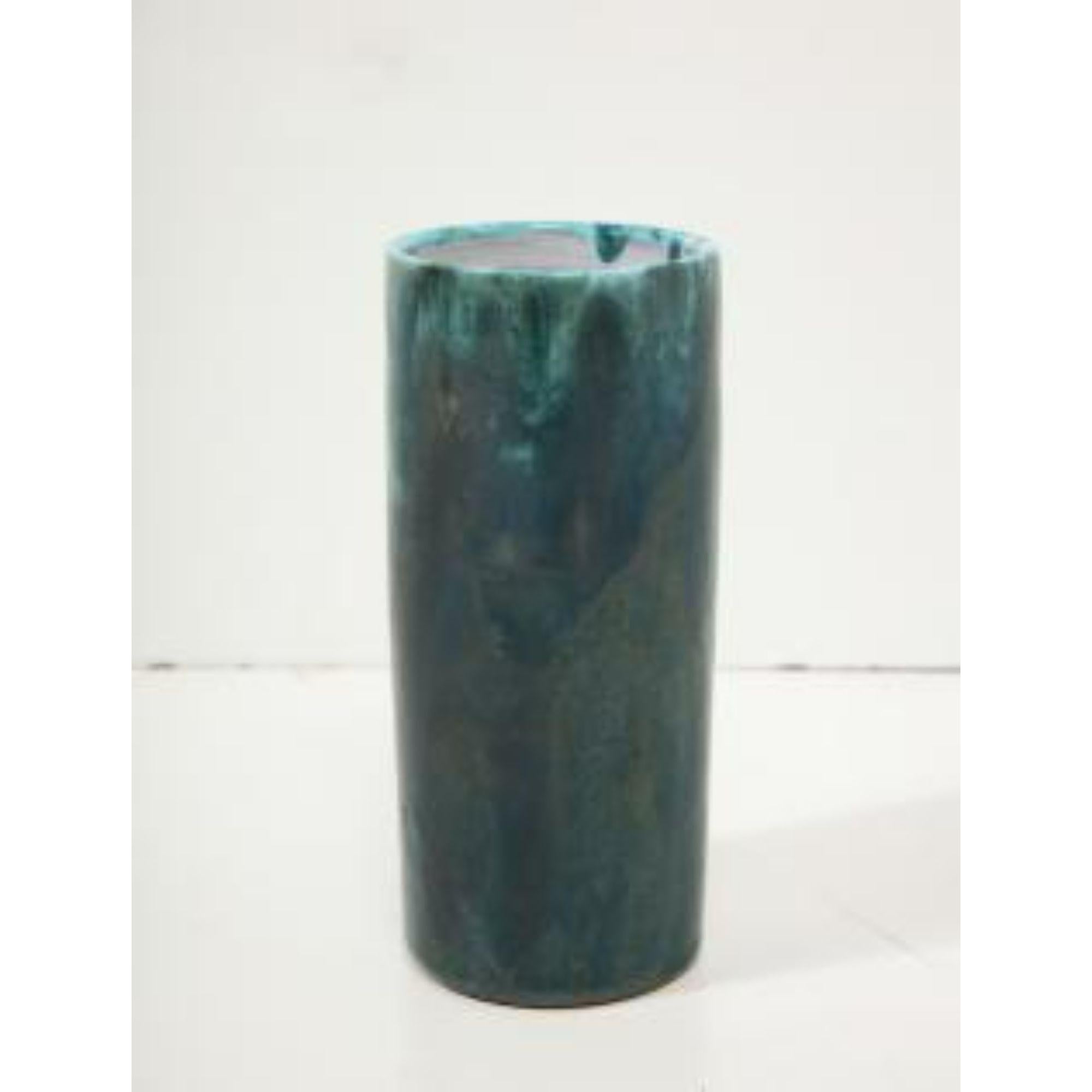 French Cylindrical Green Glazed Ceramic Studio Vase, Biot, France, c. 1950 For Sale