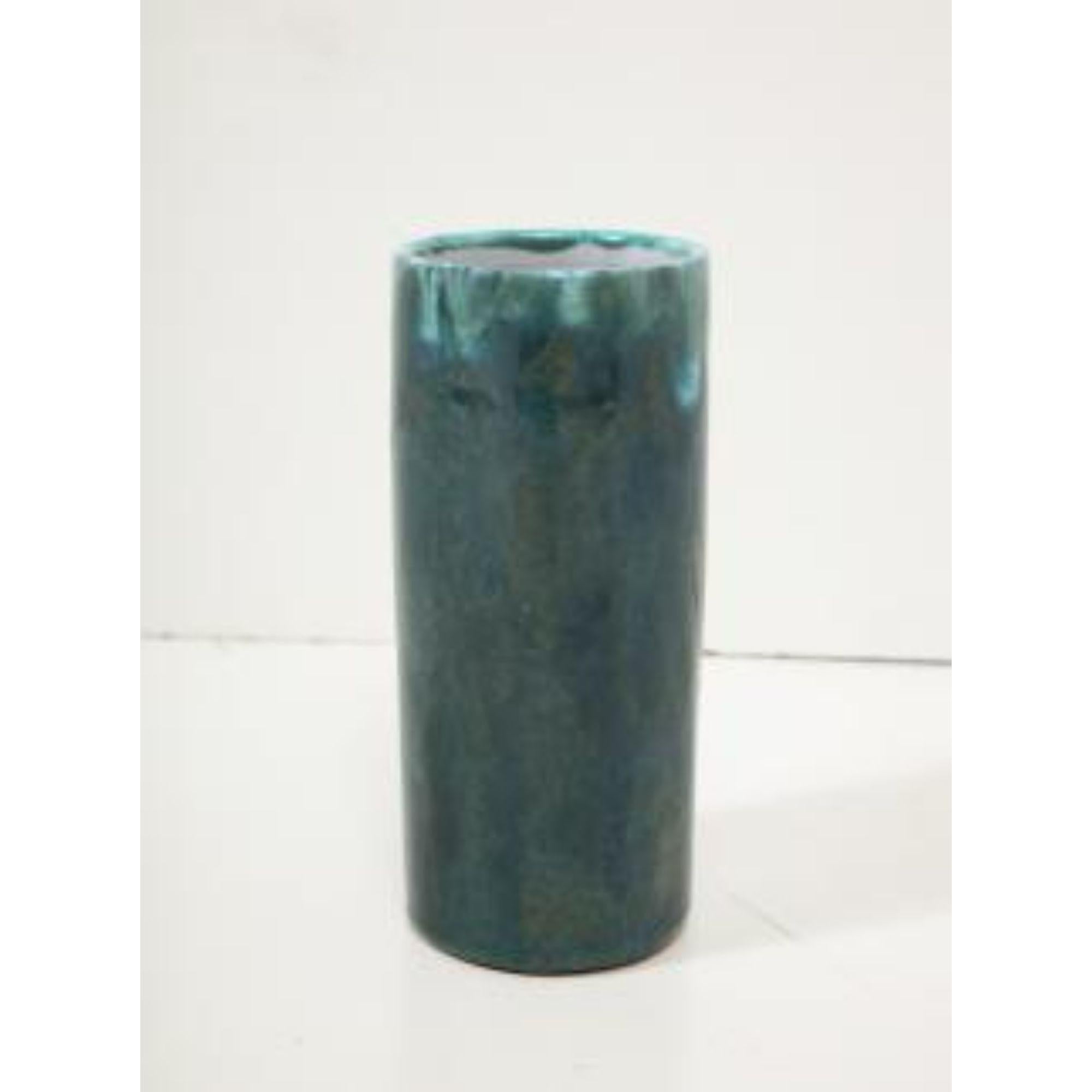 20th Century Cylindrical Green Glazed Ceramic Studio Vase, Biot, France, c. 1950 For Sale