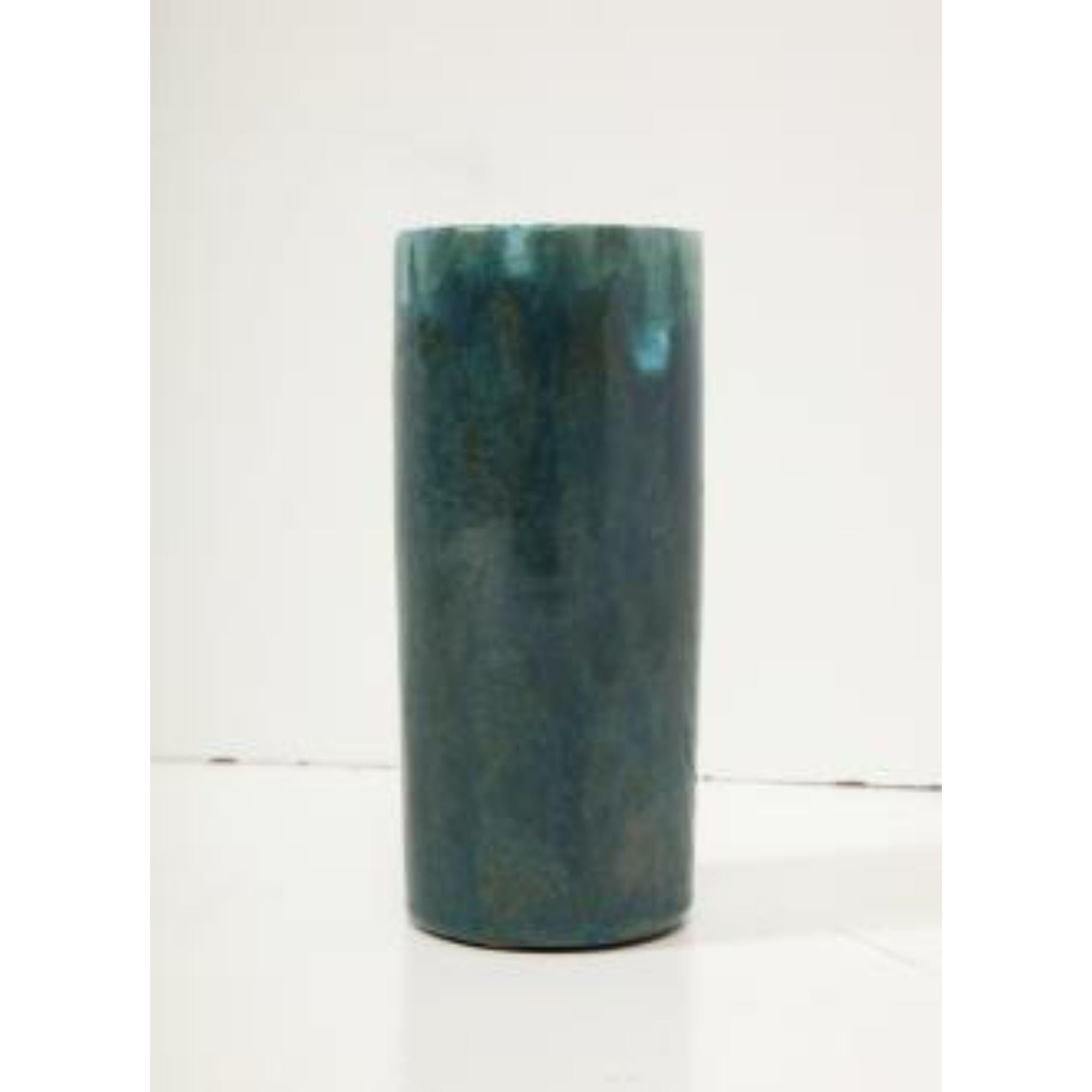 Cylindrical Green Glazed Ceramic Studio Vase, Biot, France, c. 1950 For Sale 1