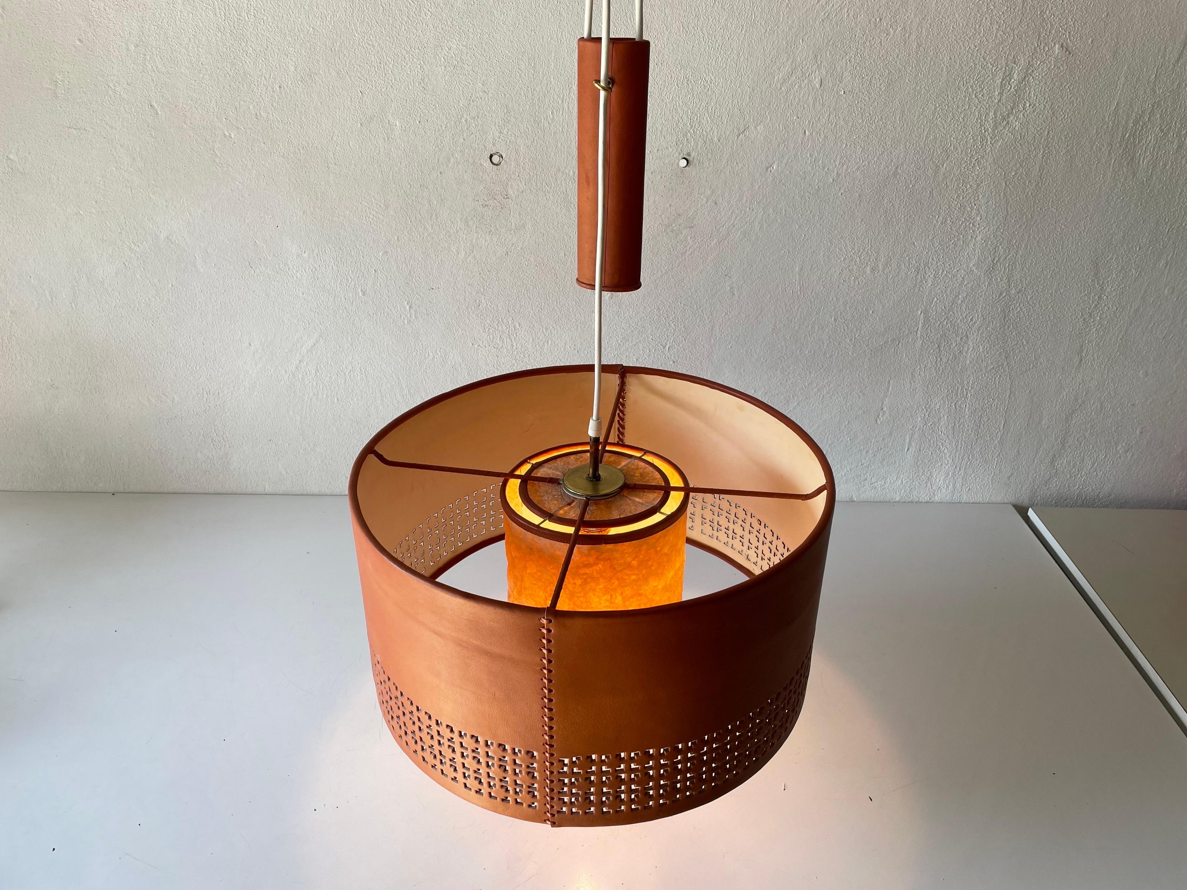 Cylindrical Leather Shade with Motifs Counterweight Pendant Lamp, 1960s, Germany For Sale 7