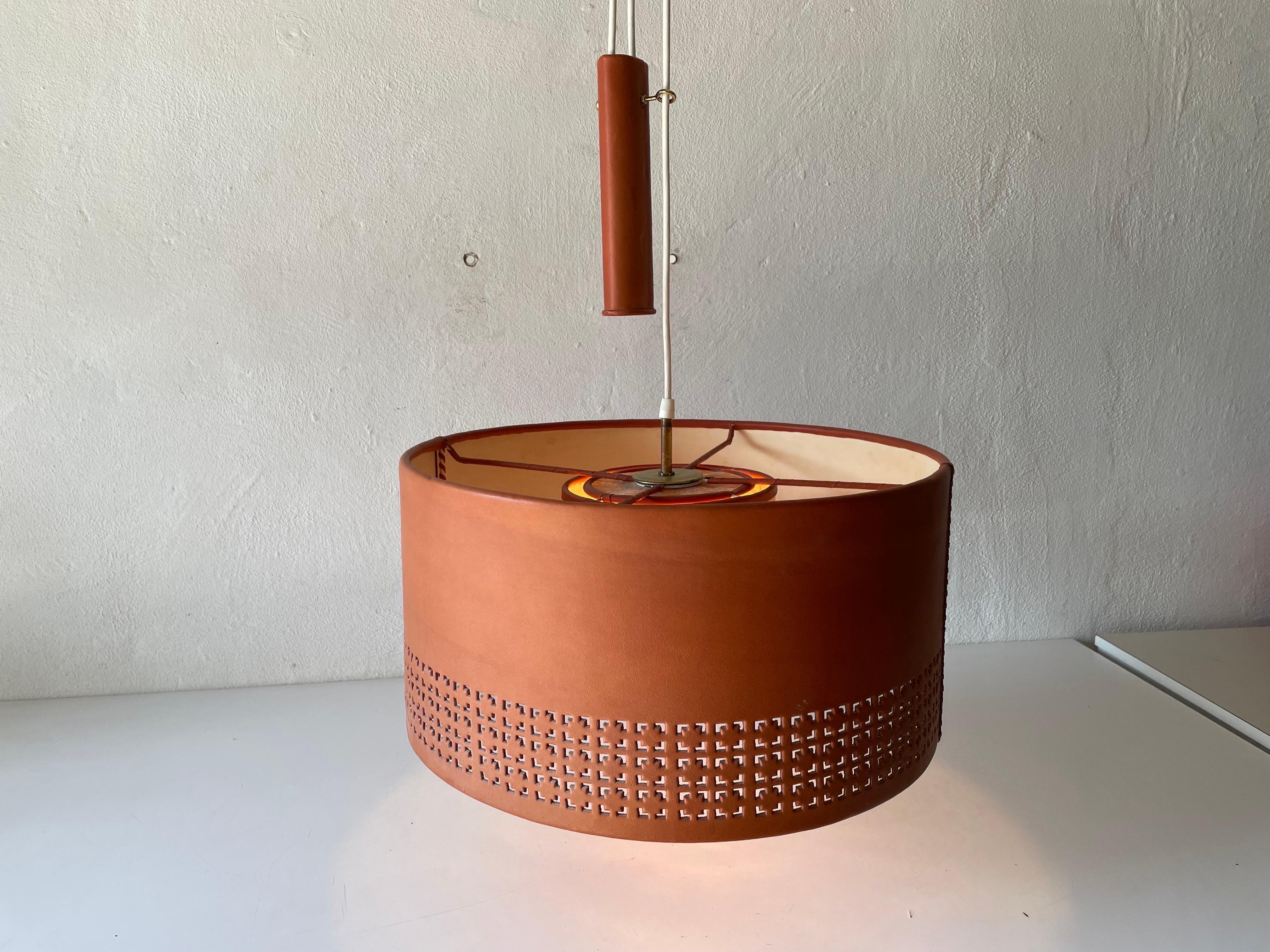 Cylindrical Leather Shade with Motifs Counterweight Pendant Lamp, 1960s, Germany For Sale 9
