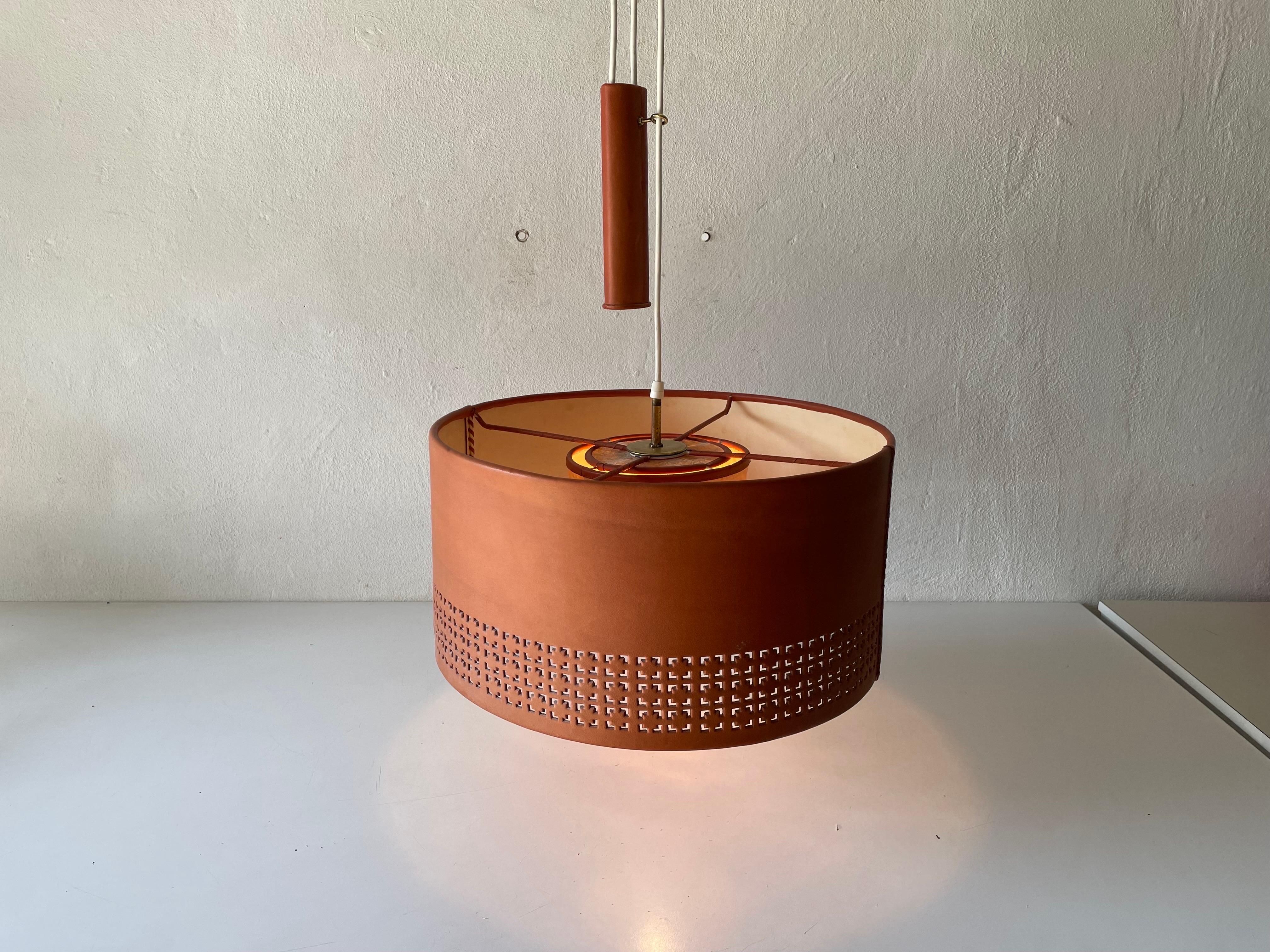 Cylindrical Leather Shade with Motifs Counterweight Pendant Lamp, 1960s, Germany For Sale 10