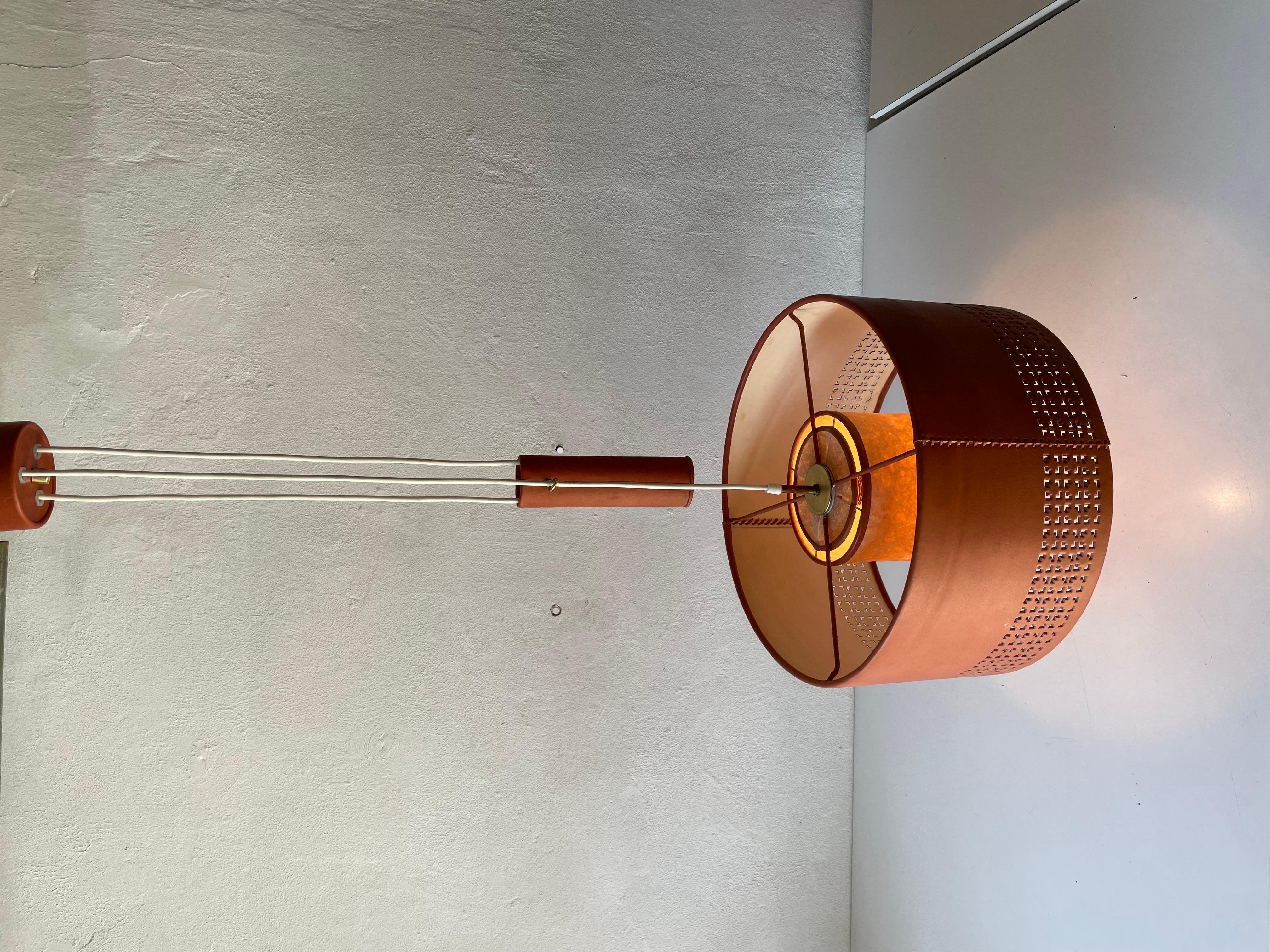 Cylindrical Leather Shade with Motifs Counterweight Pendant Lamp, 1960s, Germany For Sale 11
