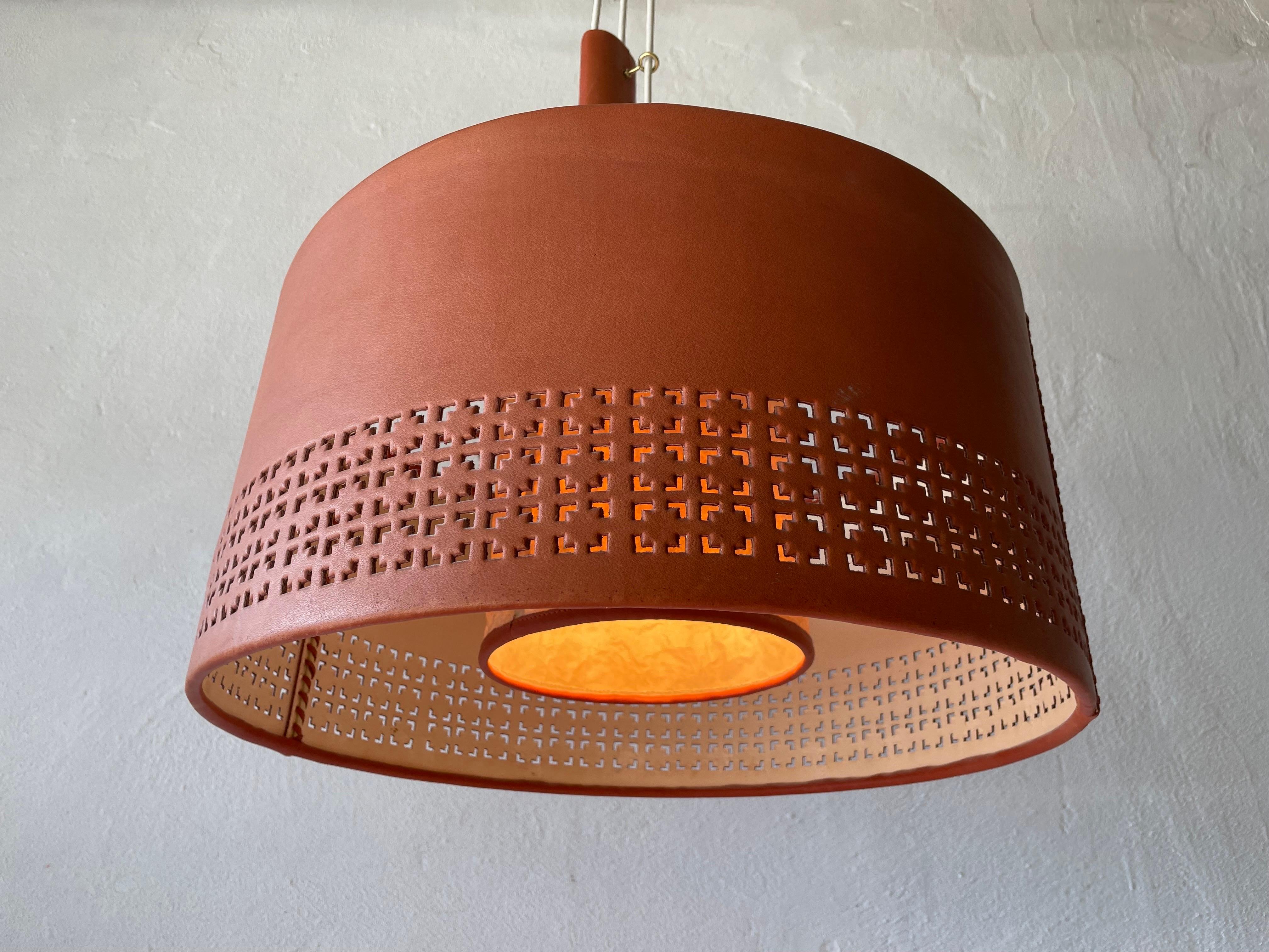 Cylindrical Leather Shade with Motifs Counterweight Pendant Lamp, 1960s, Germany For Sale 12