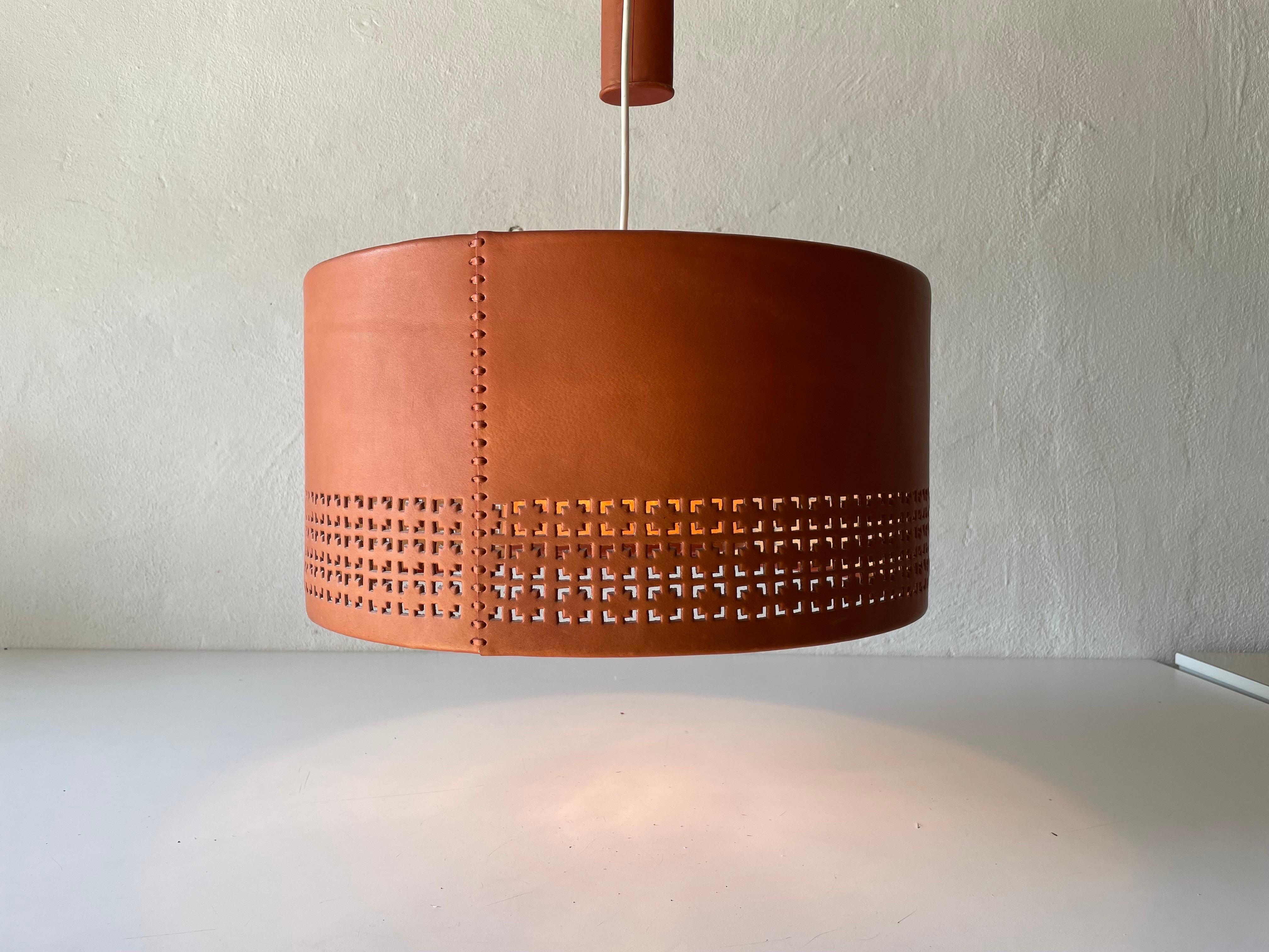 Cylindrical Leather Shade with Motifs Counterweight Pendant Lamp, 1960s, Germany For Sale 15