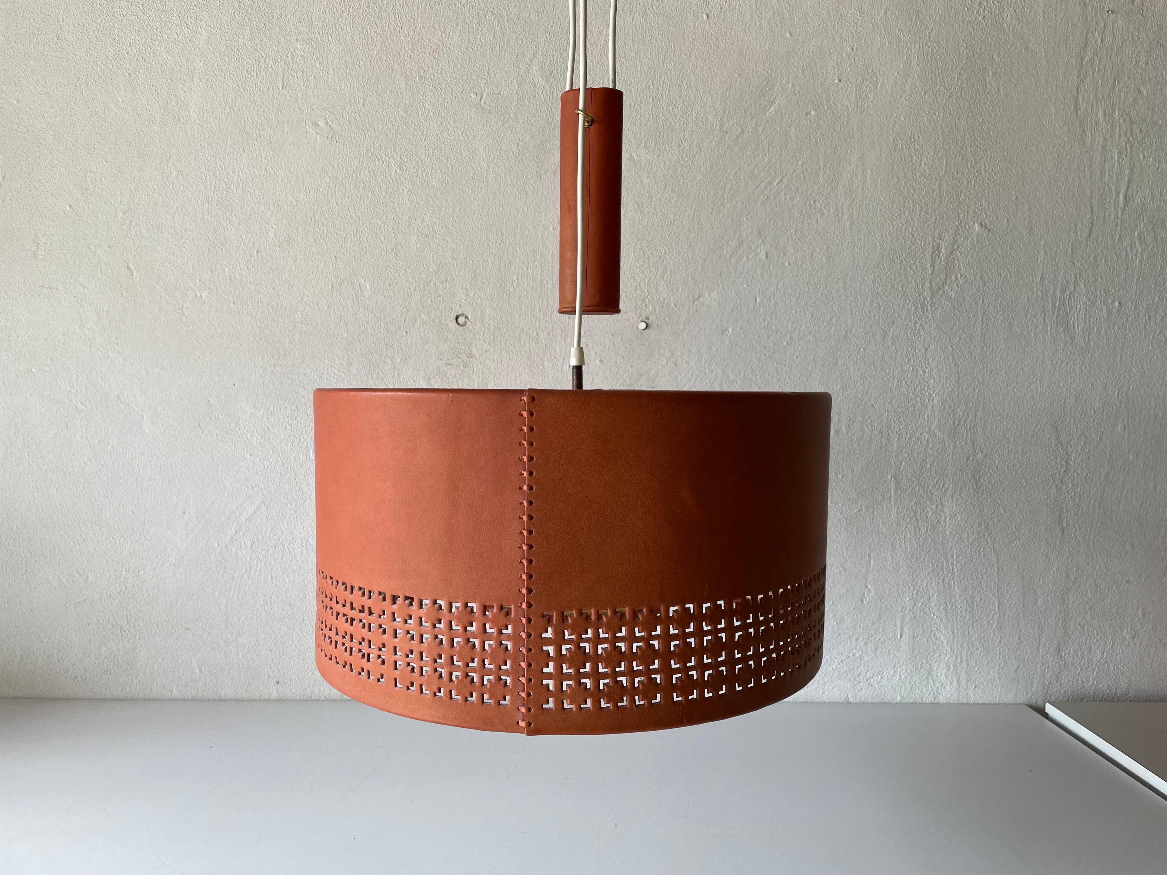 Mid-Century Modern Cylindrical Leather Shade with Motifs Counterweight Pendant Lamp, 1960s, Germany For Sale
