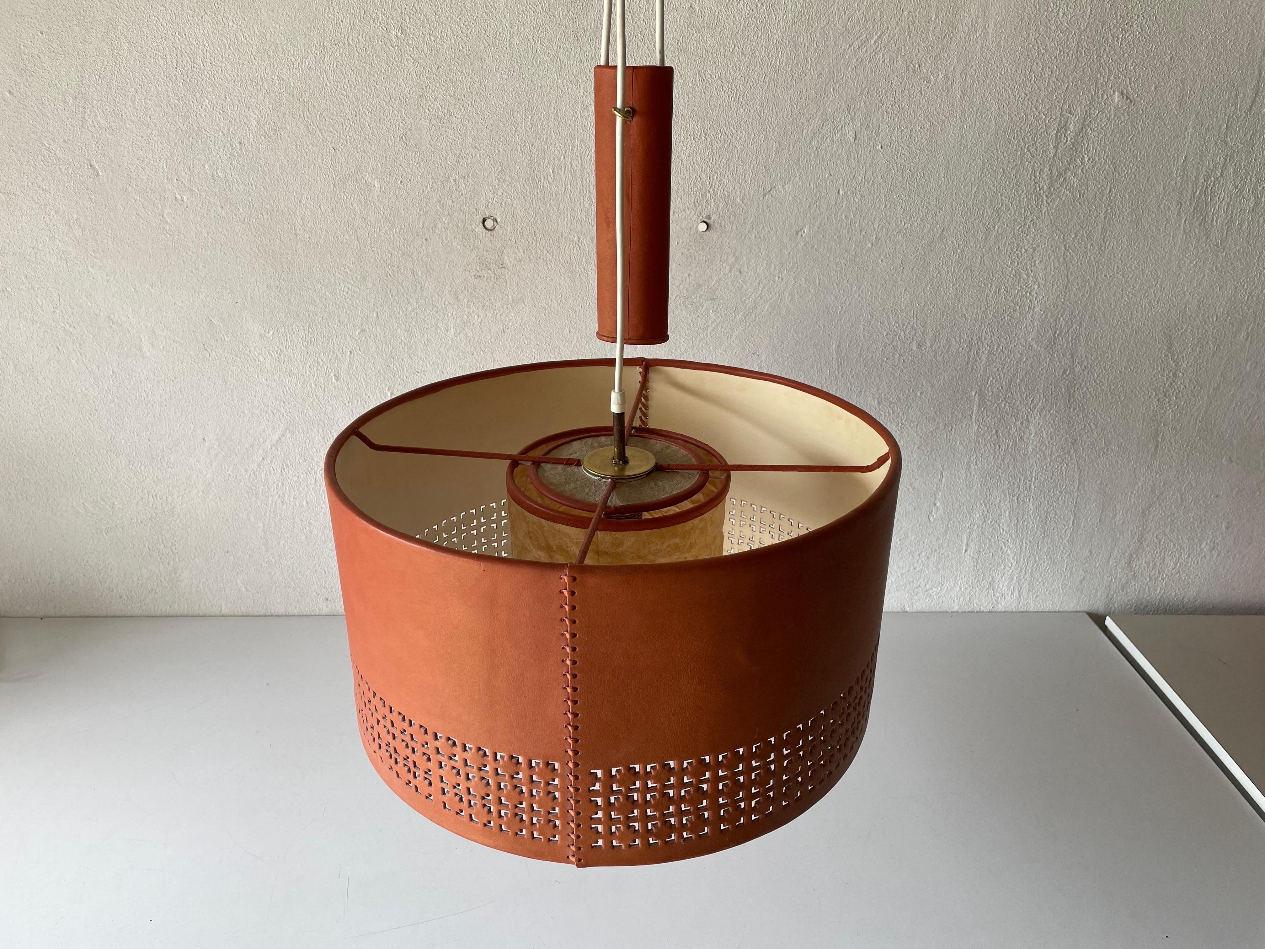 Cylindrical Leather Shade with Motifs Counterweight Pendant Lamp, 1960s, Germany In Good Condition For Sale In Hagenbach, DE