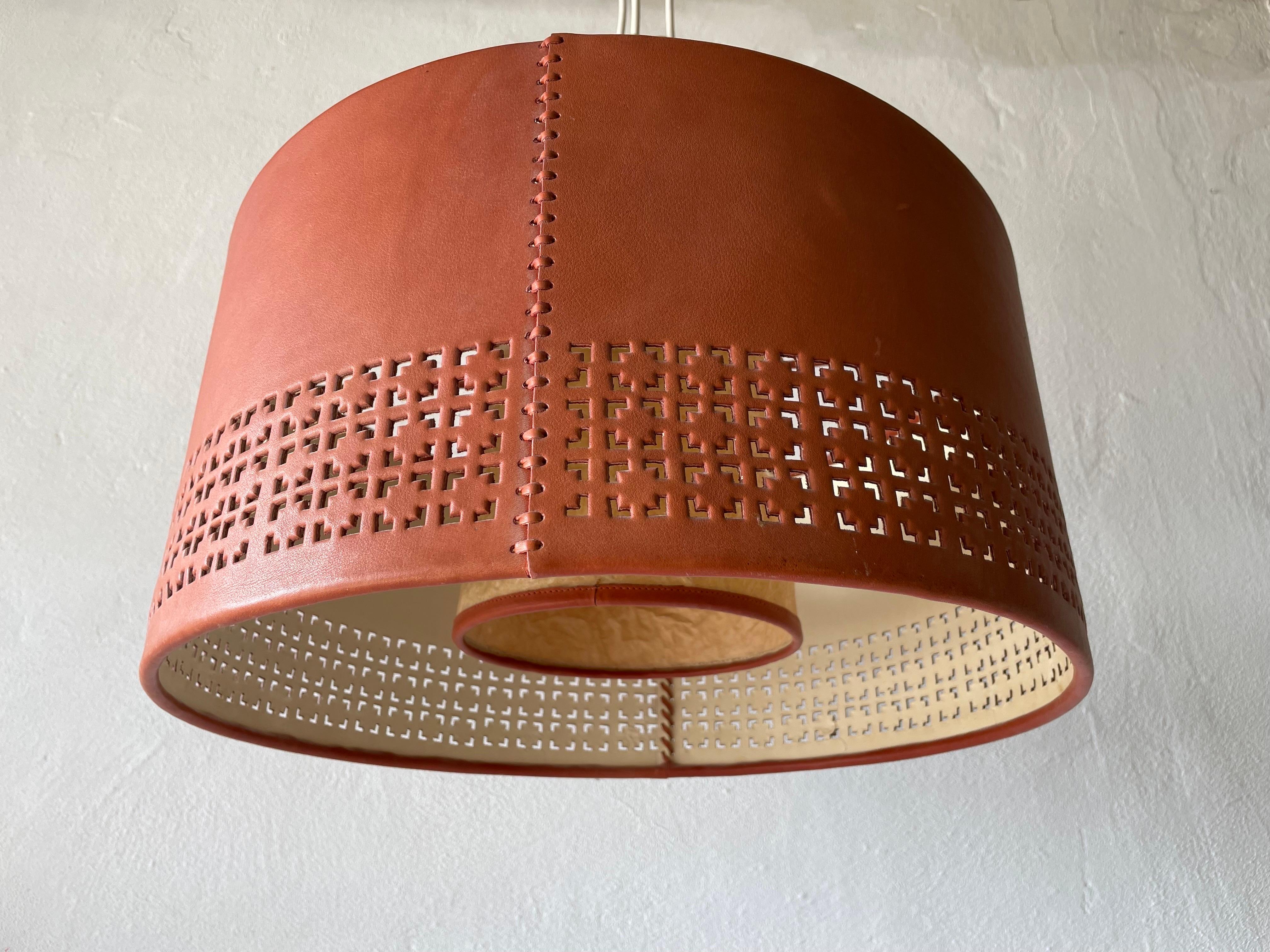 Cylindrical Leather Shade with Motifs Counterweight Pendant Lamp, 1960s, Germany For Sale 1