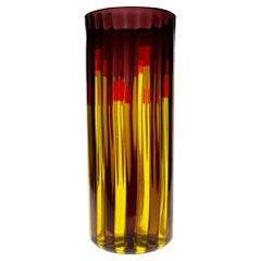Cylindrical Murano Glass Vase, Yellow and Amethyst color with bright red accents