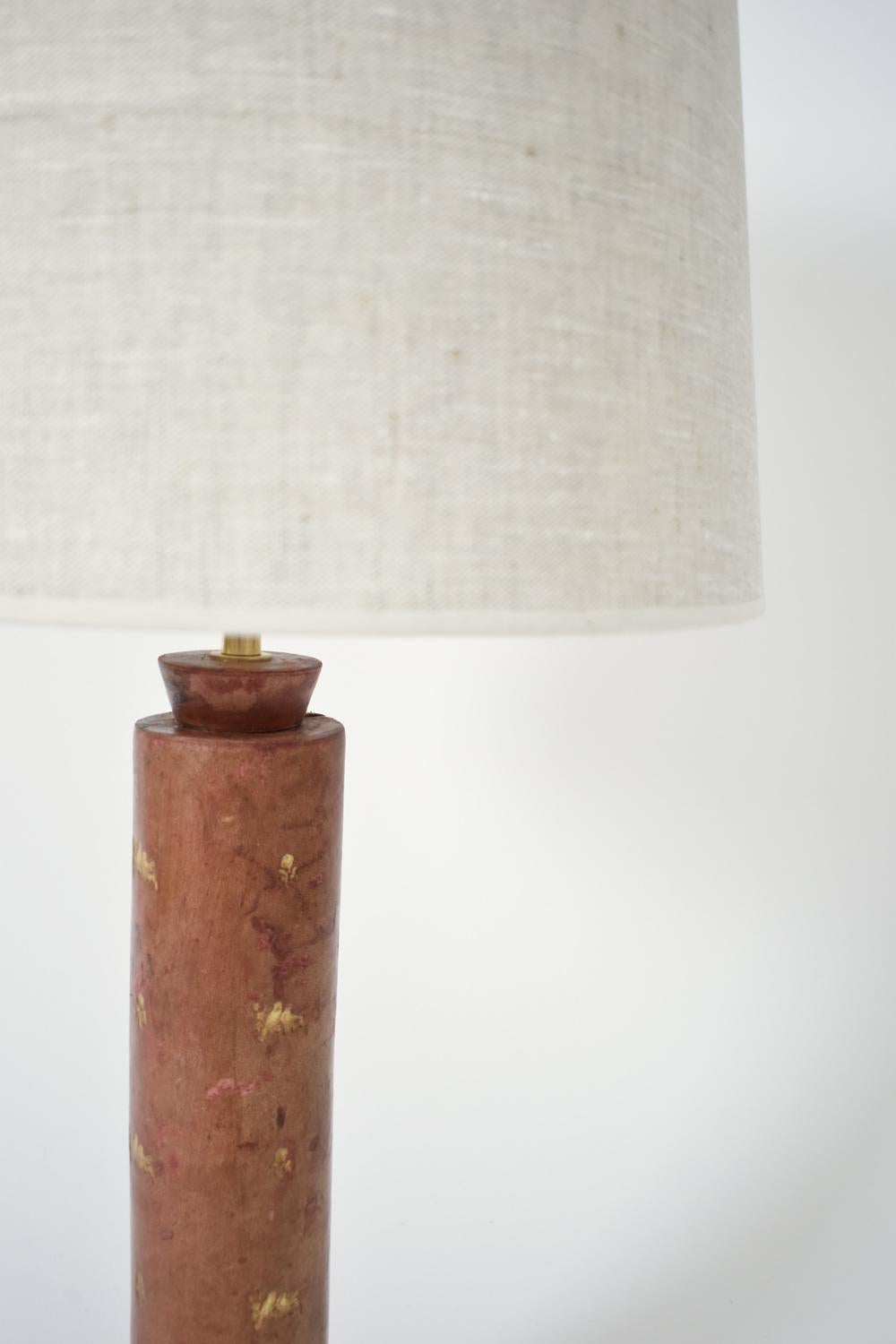 French Cylindrical red leather covered lamp, 1940s For Sale