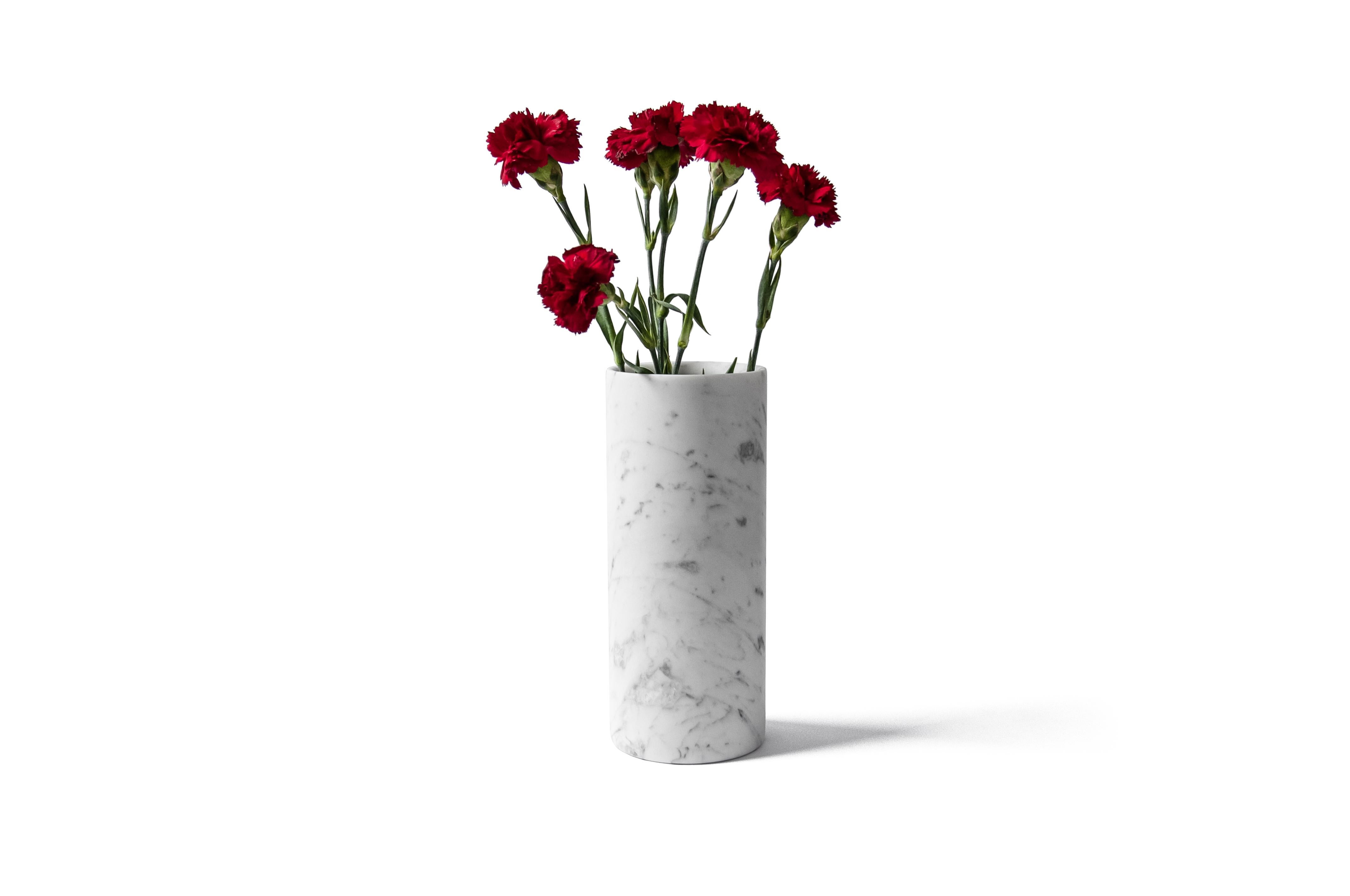 Italian Handmade Cylindrical Satin White Carrara Marble Vase For Sale