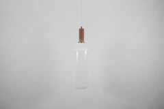 Cylindrical Scandinavian Opal Glass Hanging Lamp with Teak Wood, 1960s