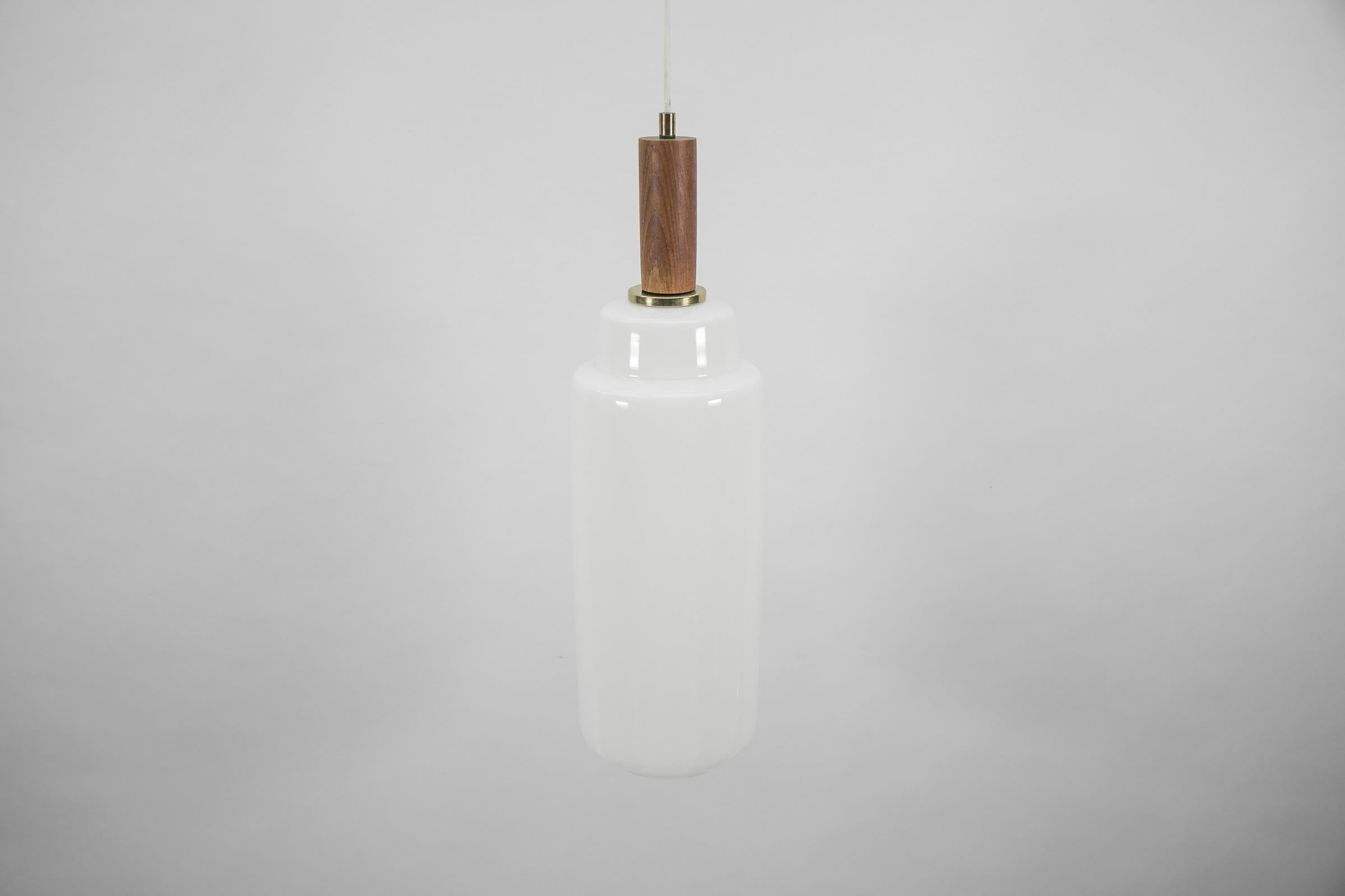 Cylindrical Scandinavian Opal Glass Hanging Lamp with Teak Wood, 1960s In Good Condition For Sale In Nürnberg, Bayern