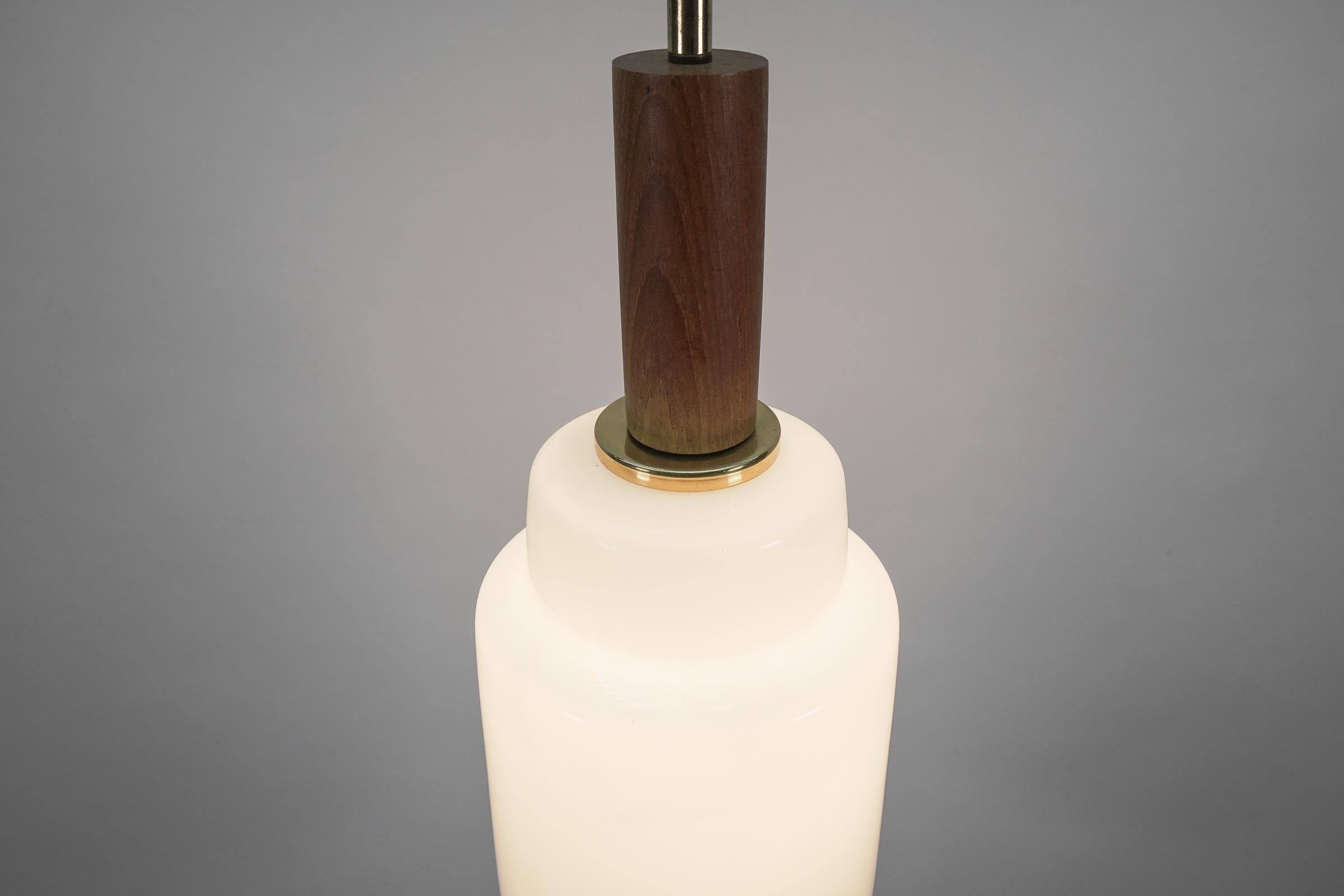 Cylindrical Scandinavian Opal Glass Hanging Lamp with Teak Wood, 1960s For Sale 1