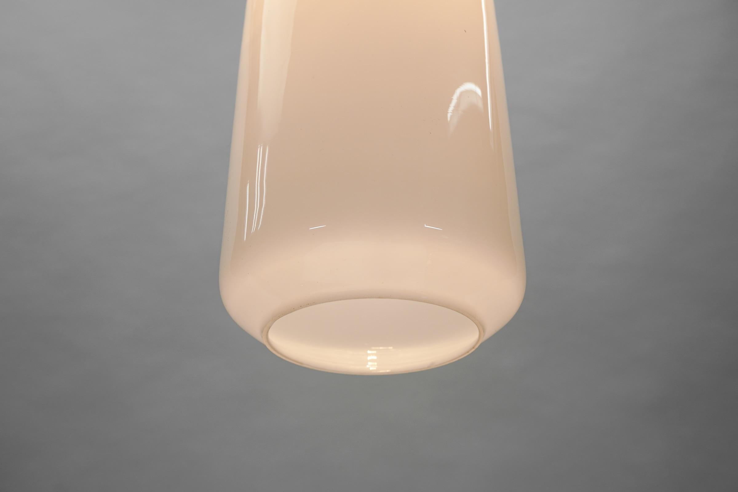 Cylindrical Scandinavian Opal Glass Hanging Lamp with Teak Wood, 1960s For Sale 2