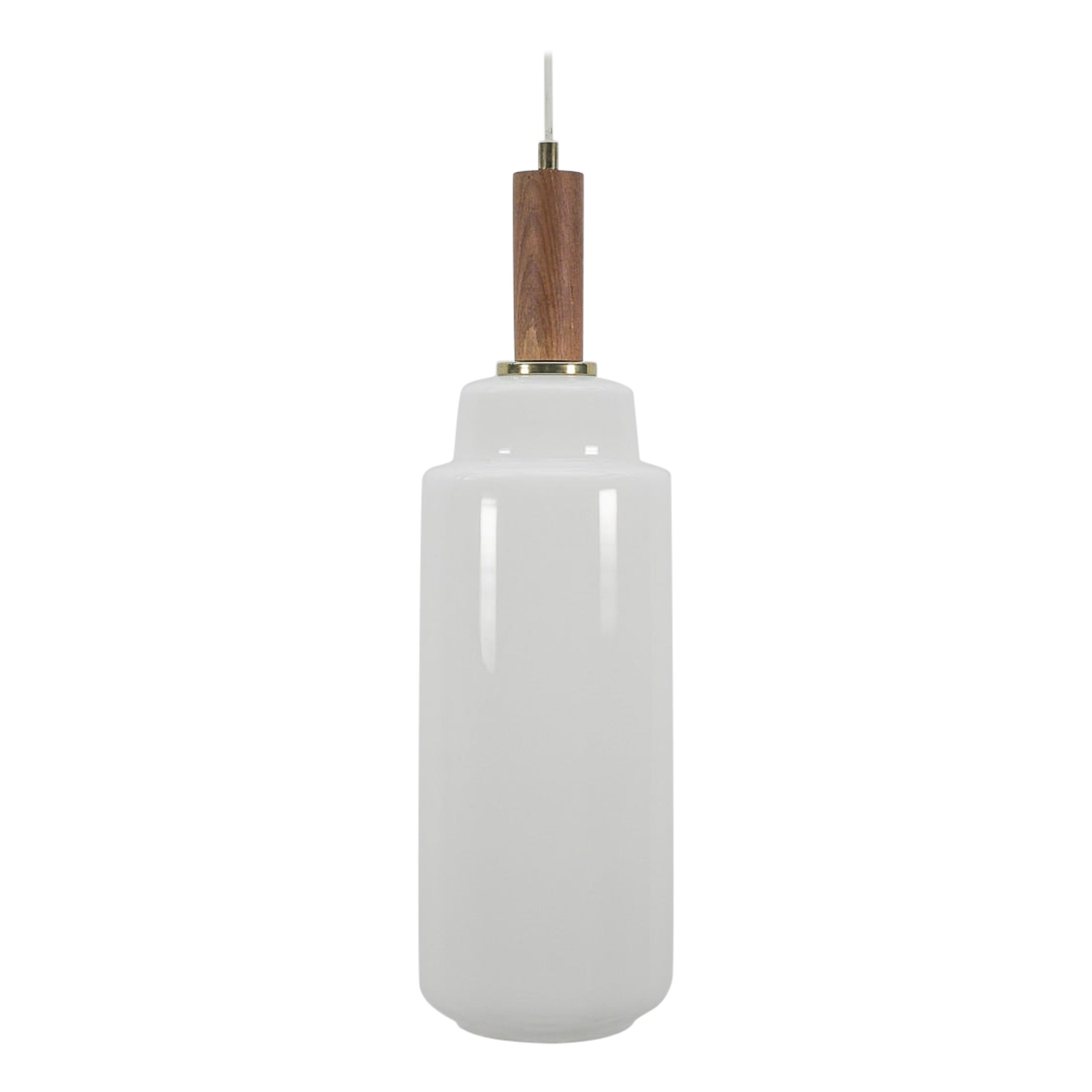 Cylindrical Scandinavian Opal Glass Hanging Lamp with Teak Wood, 1960s