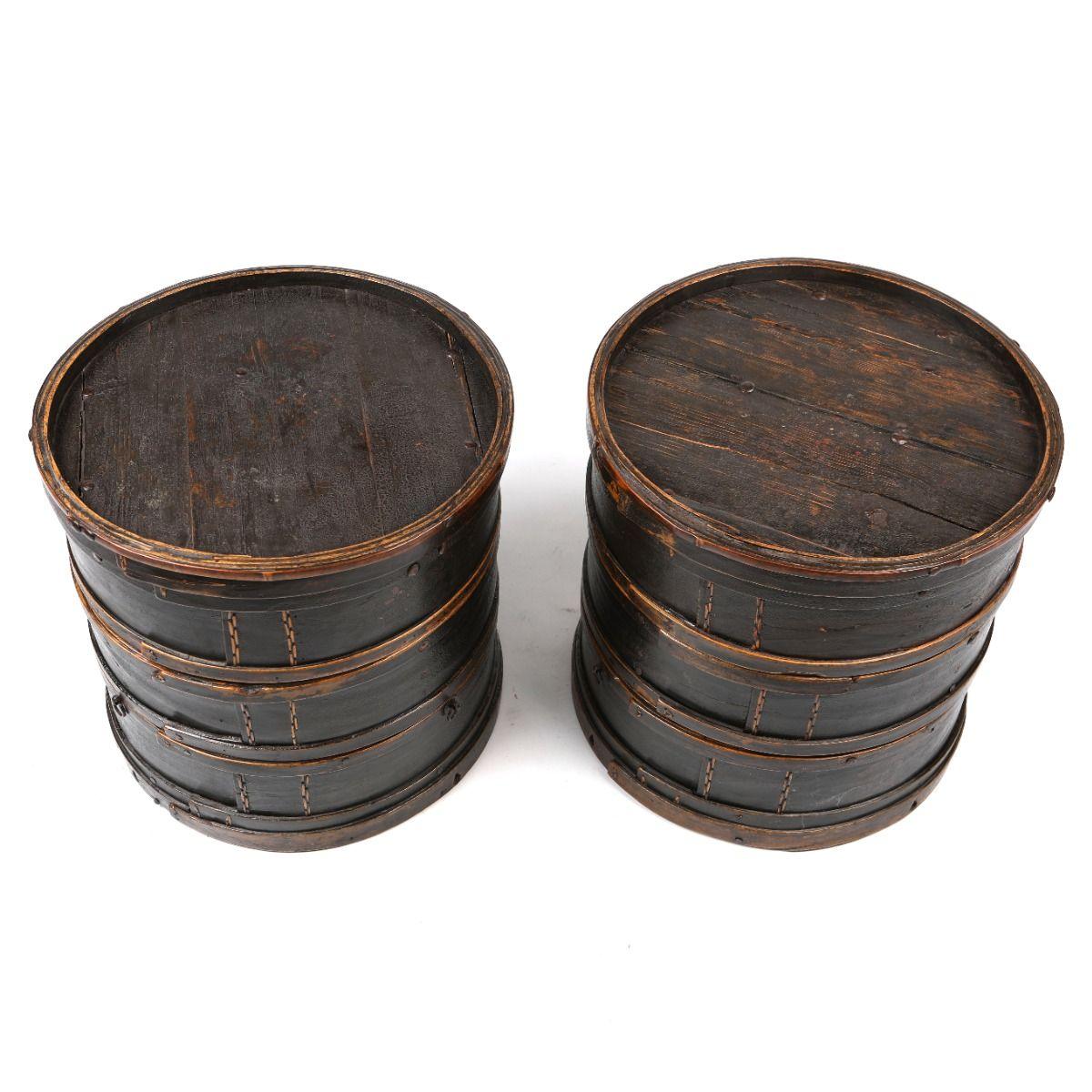 Qing Cylindrical Side Tables, Former Stackable Food Storage Boxes in Black Lacquer For Sale