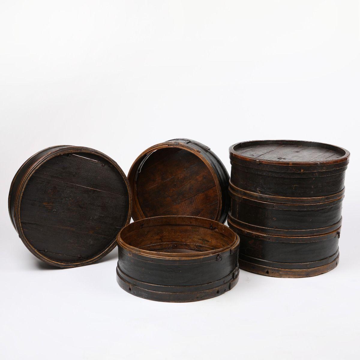 Chinese Cylindrical Side Tables, Former Stackable Food Storage Boxes in Black Lacquer For Sale