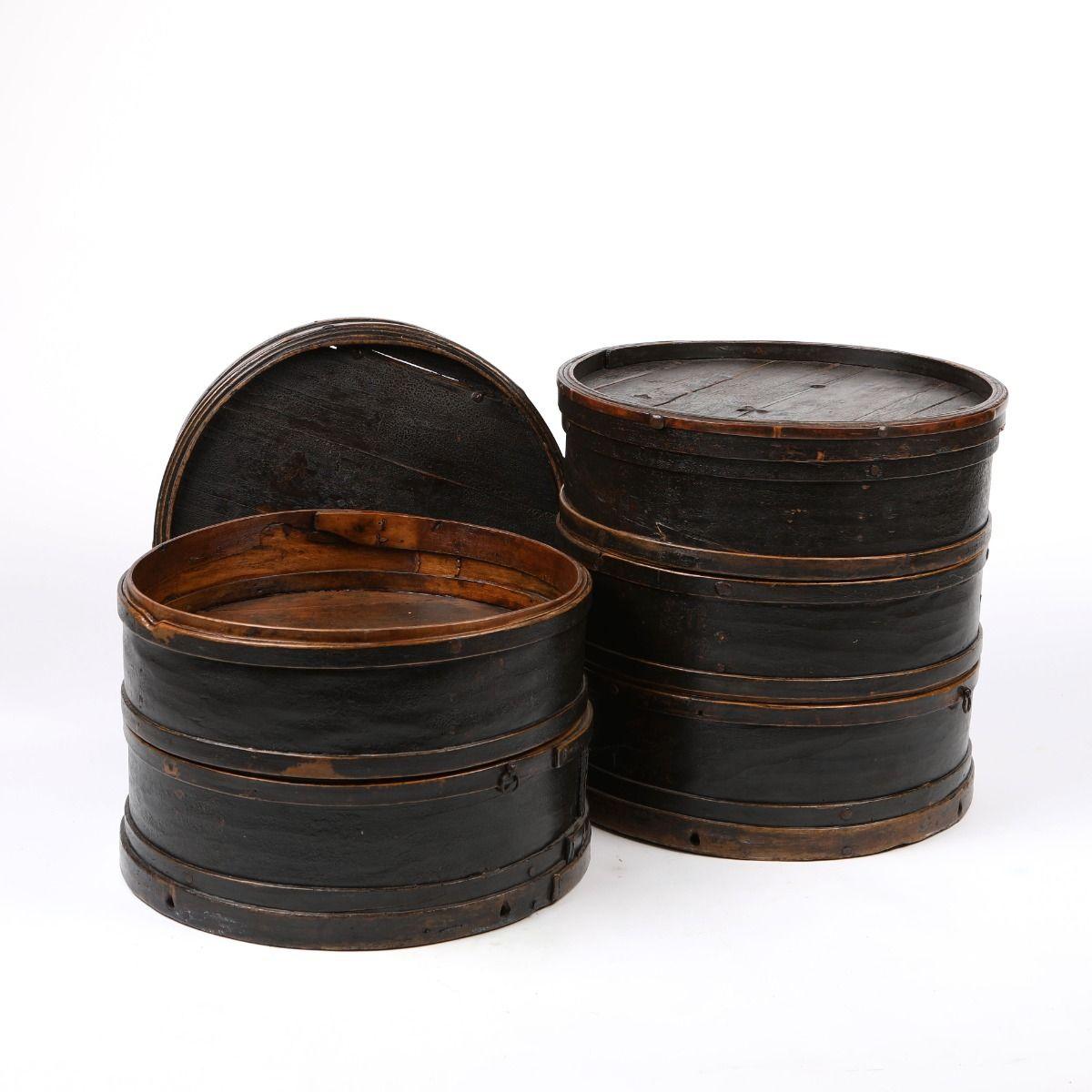 Lacquered Cylindrical Side Tables, Former Stackable Food Storage Boxes in Black Lacquer For Sale