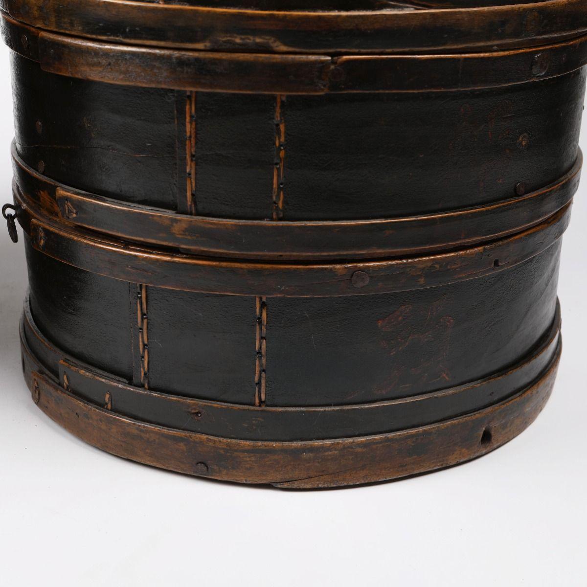 19th Century Cylindrical Side Tables, Former Stackable Food Storage Boxes in Black Lacquer For Sale