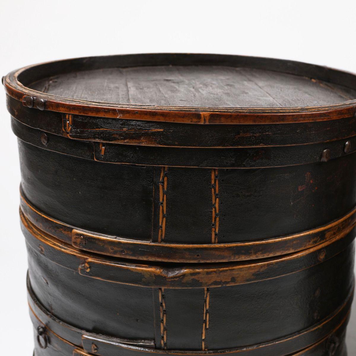 Wood Cylindrical Side Tables, Former Stackable Food Storage Boxes in Black Lacquer For Sale