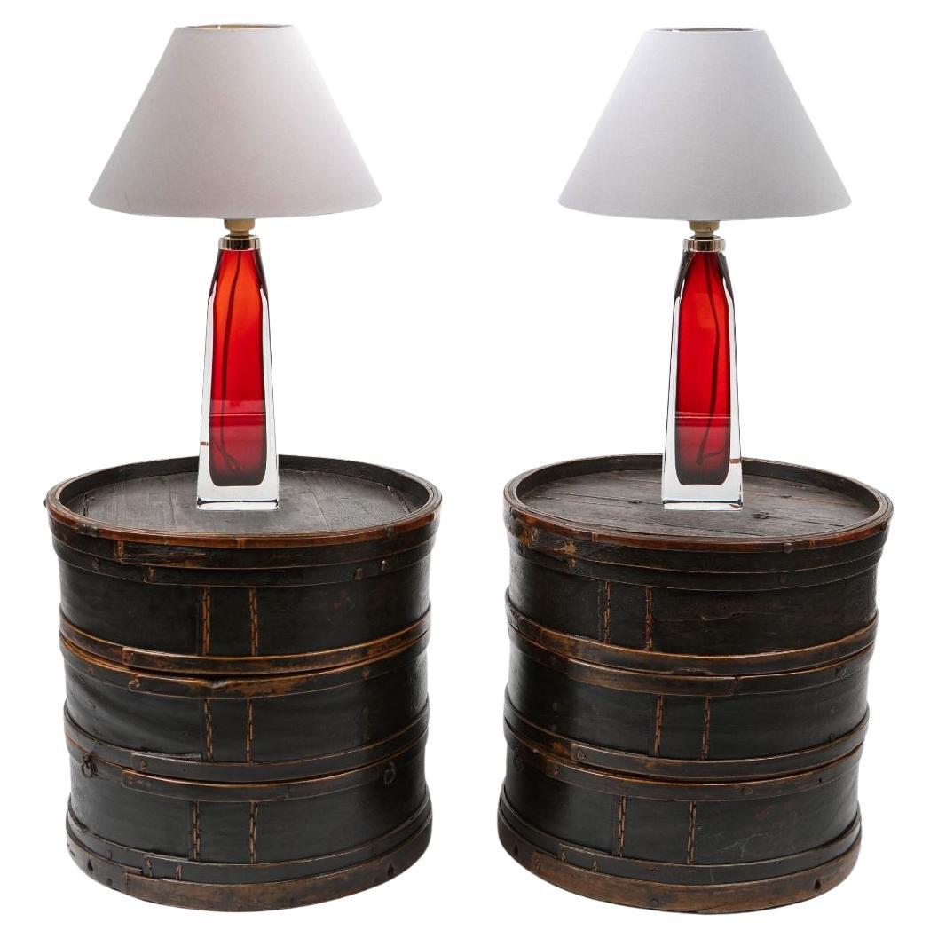 Cylindrical Side Tables, Former Stackable Food Storage Boxes in Black Lacquer For Sale