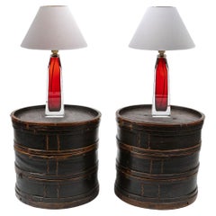 Antique Cylindrical Side Tables, Former Stackable Food Storage Boxes in Black Lacquer