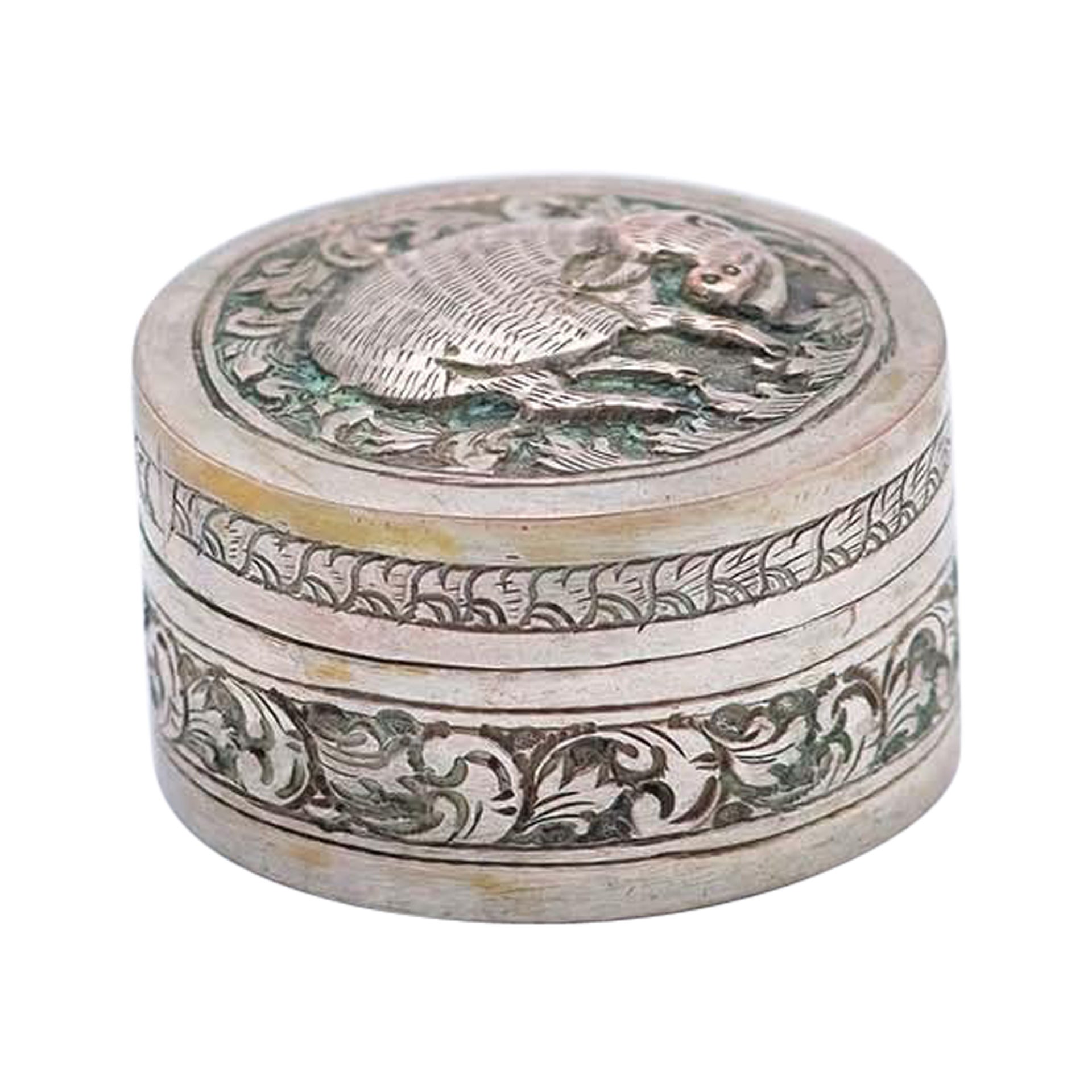 Cylindrical silver rosary box with embossed pig figure