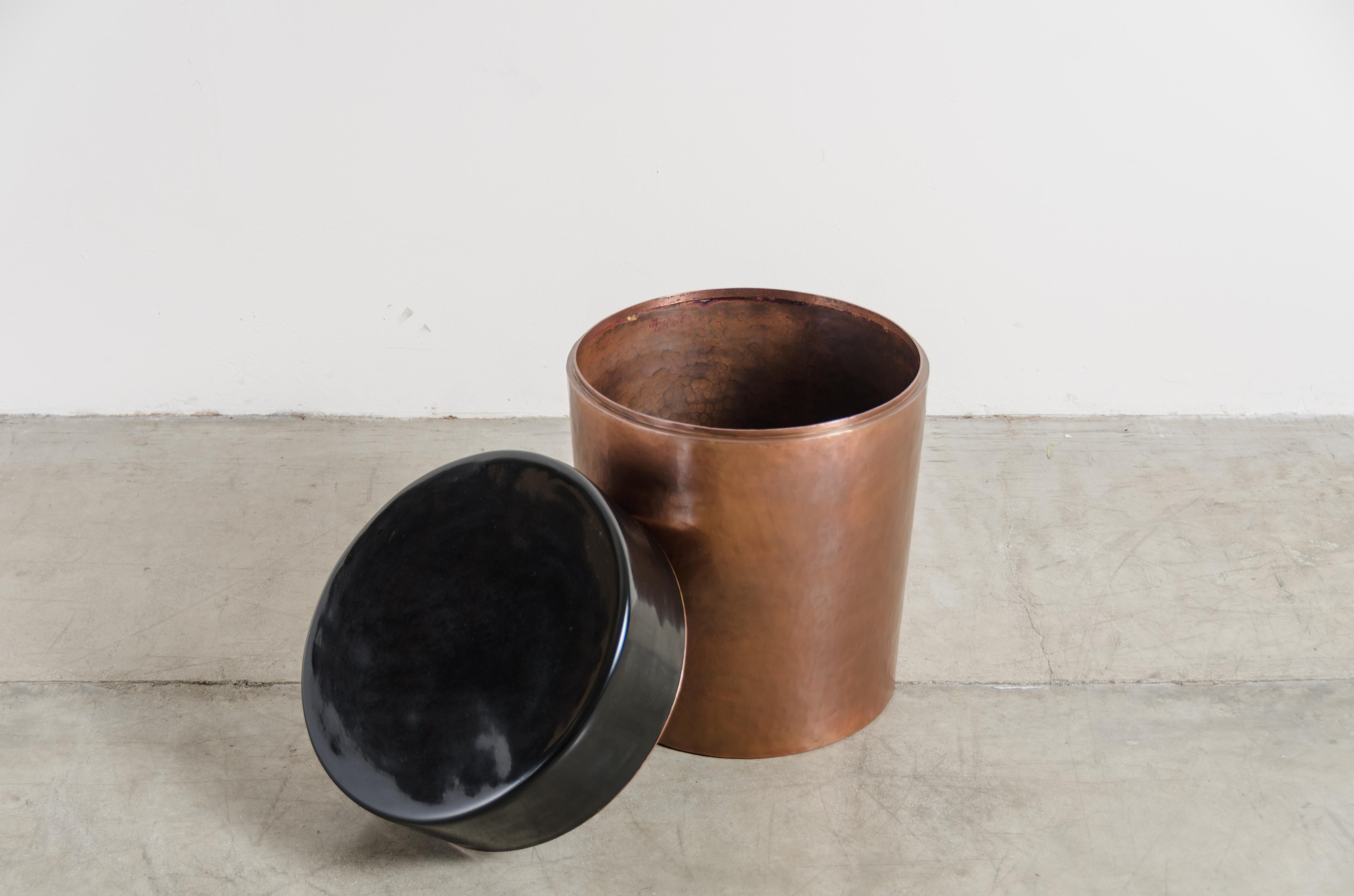 Repoussé Cylindrical Storage Drumstool, Antique Copper and Black Lacquer by Robert Kuo For Sale